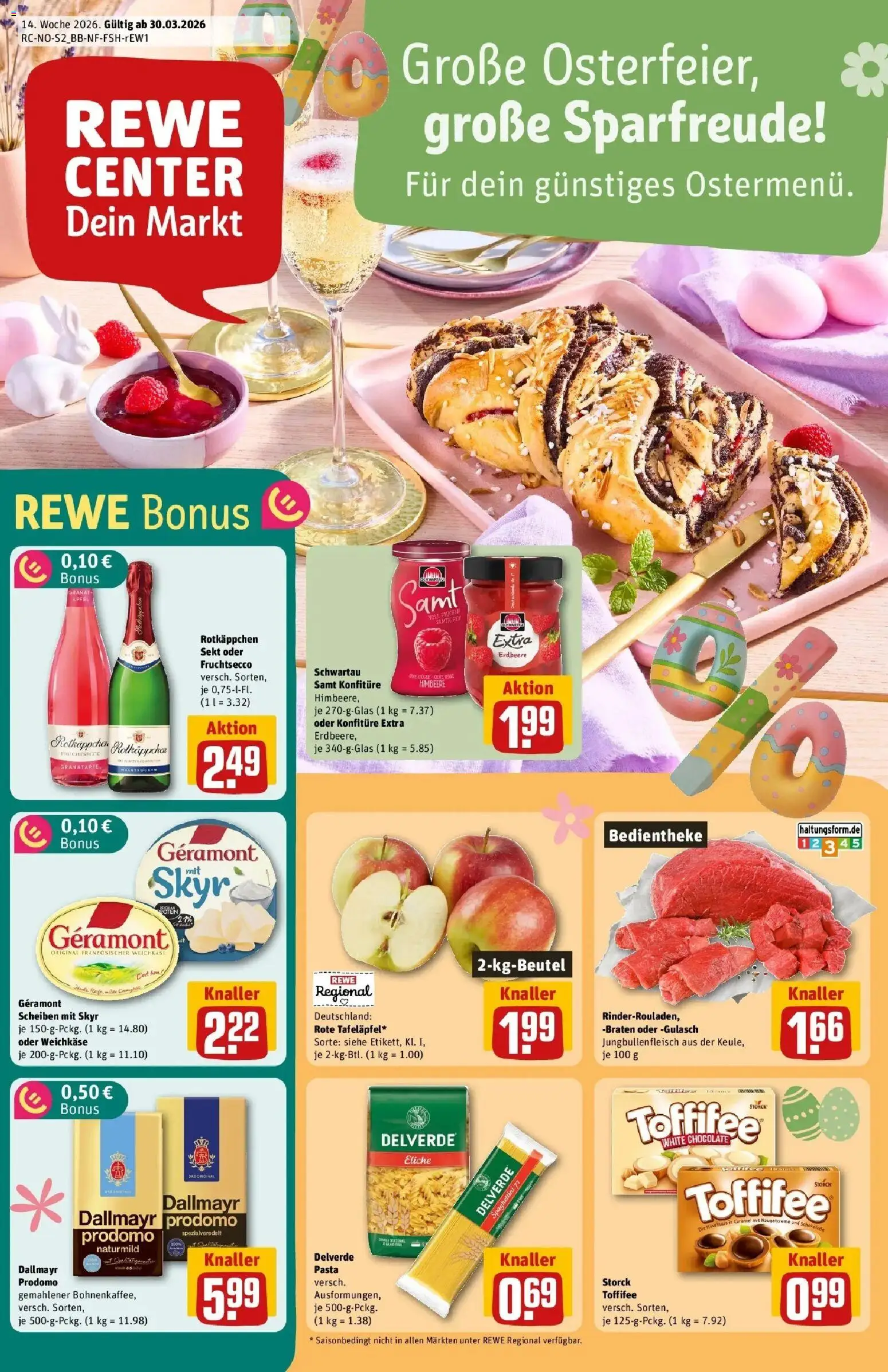 Rewe Prospekt Schenefeld	 – gültig ab 30.03.2026 | Seite: 1 | Produkte: Rotkappchen sekt, Schwartau samt, Pasta, Dallmayr prodomo