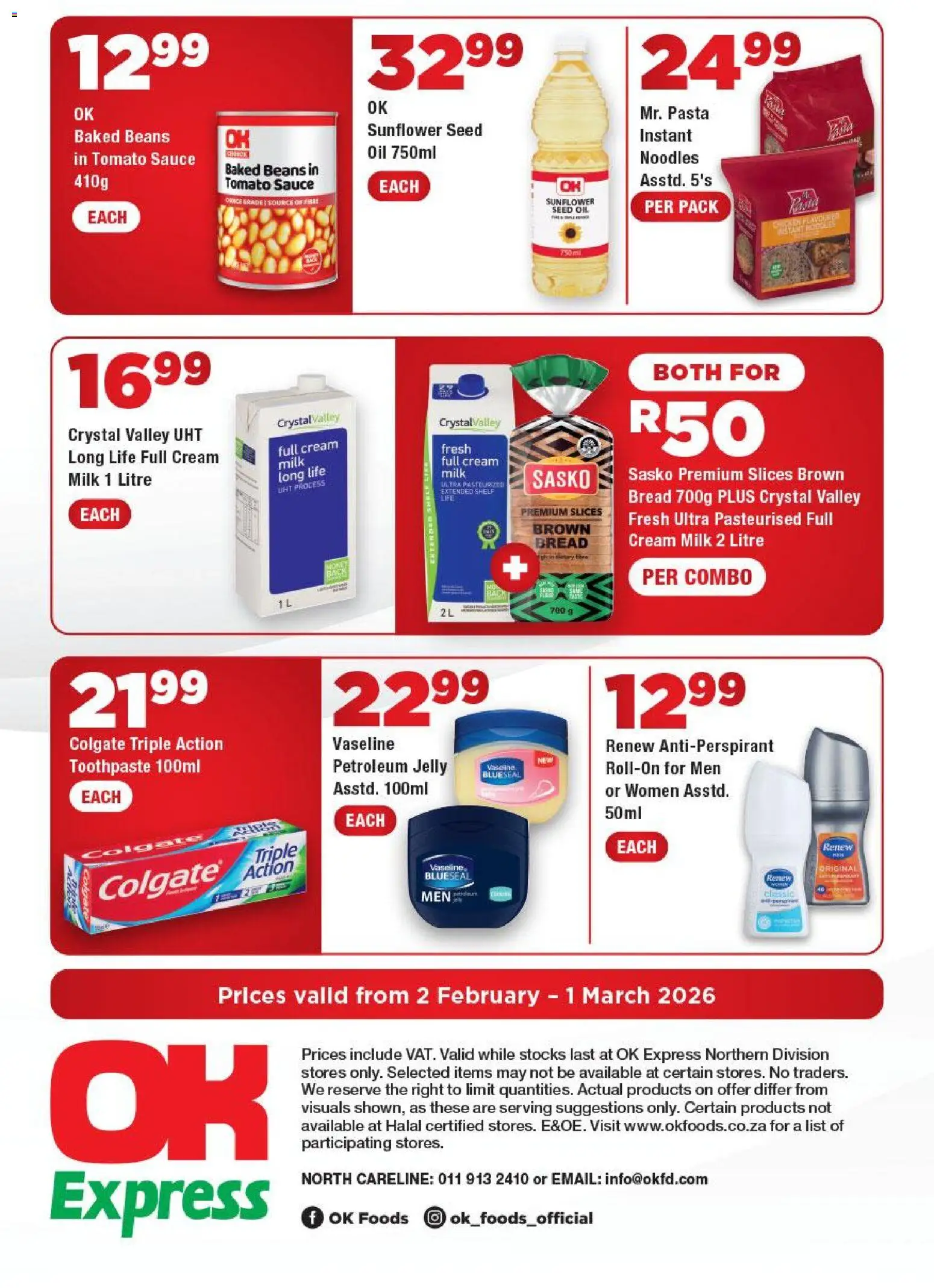 New OK Foods catalogue – valid from 02.02.2026 | Page: 4 | Products: Baked beans, Oil, Antiperspirant, Toothpaste