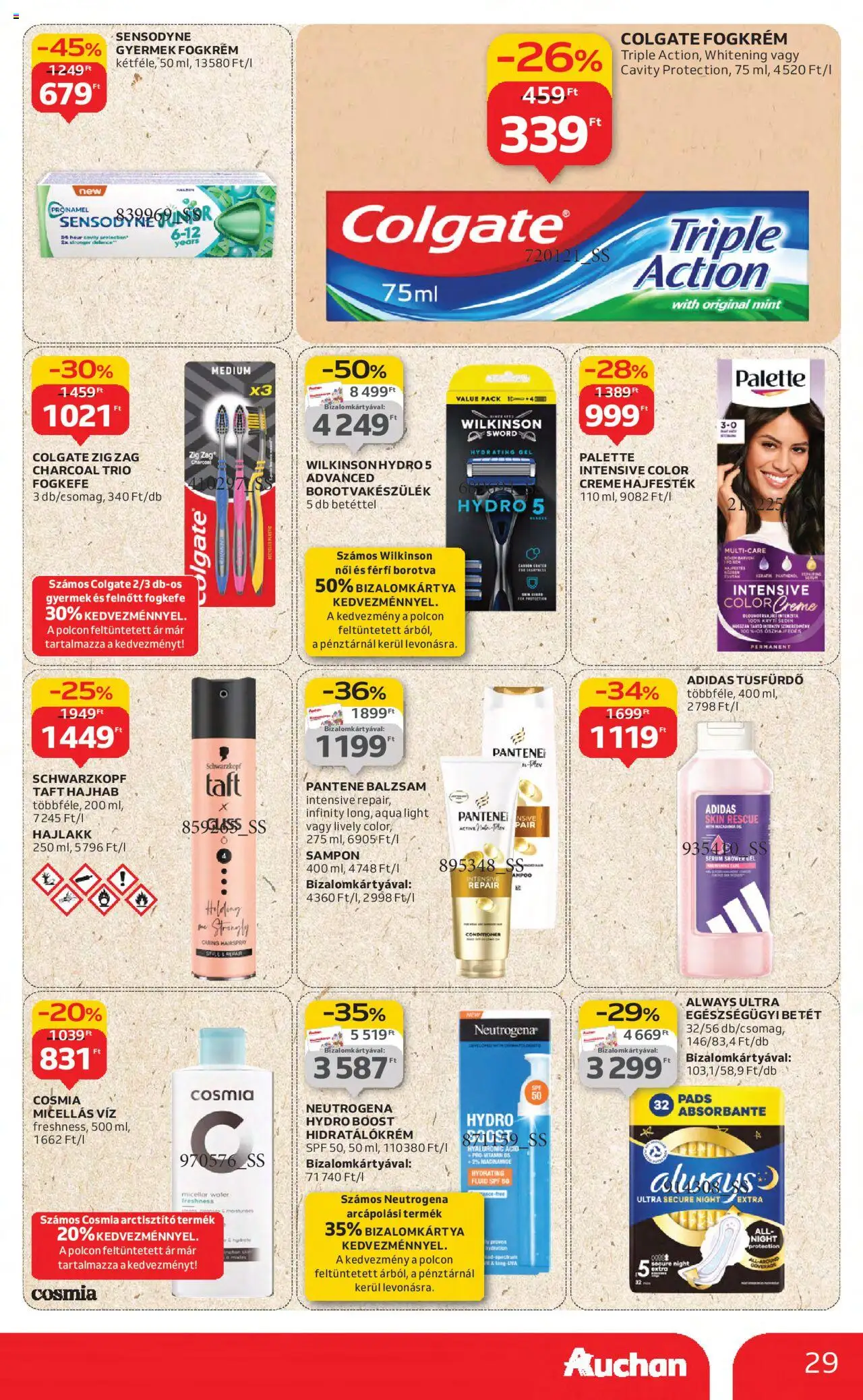 Auchan akciós ujság - amely érvényes a következő dátumtól: 21.08.2025 | Oldal: 29 | Termékek: Micellás víz, Hajhab, Sampon, Tusfürdő