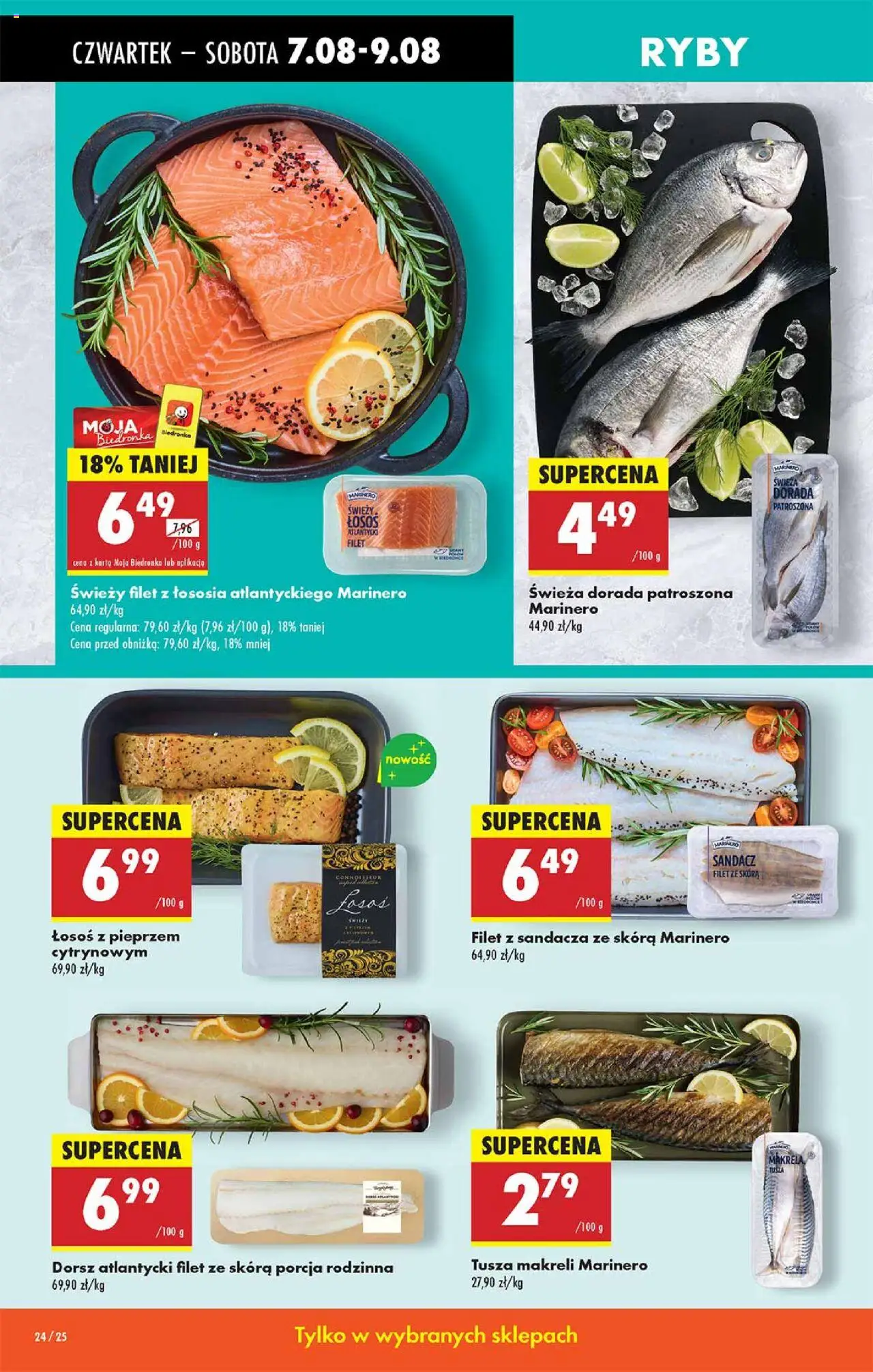 Biedronka gazetka - Oferta W tym tygodniu od 07.08.2025 | Strona: 24 | Produkty: Sandacz, Łosoś z pieprzem, Ryby, Filet z łososia