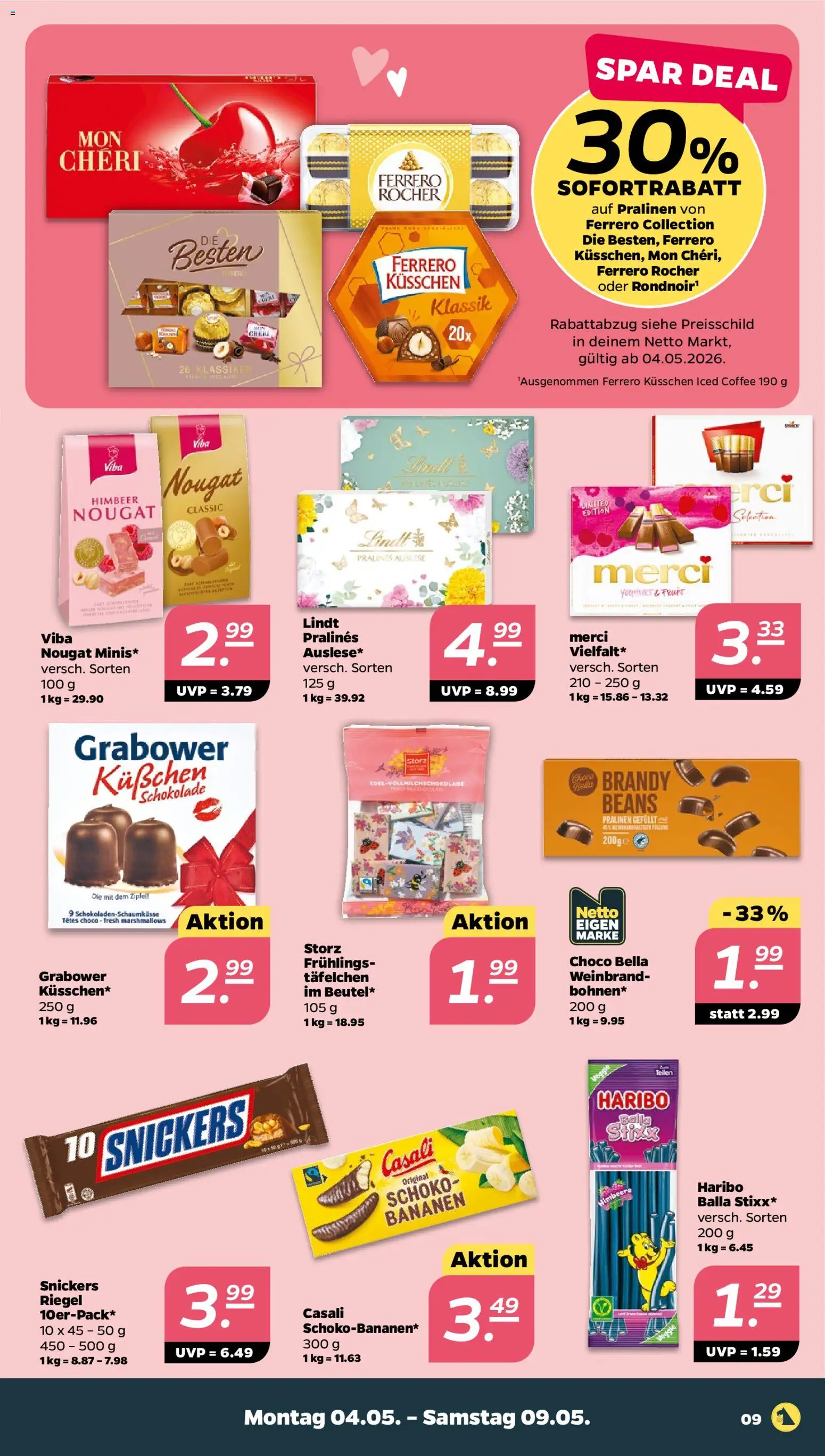 Netto Prospekt 	 – gültig ab 04.05.2026 | Seite: 9 | Produkte: Ferrero rocher, Schokolade, Snickers, Lindt