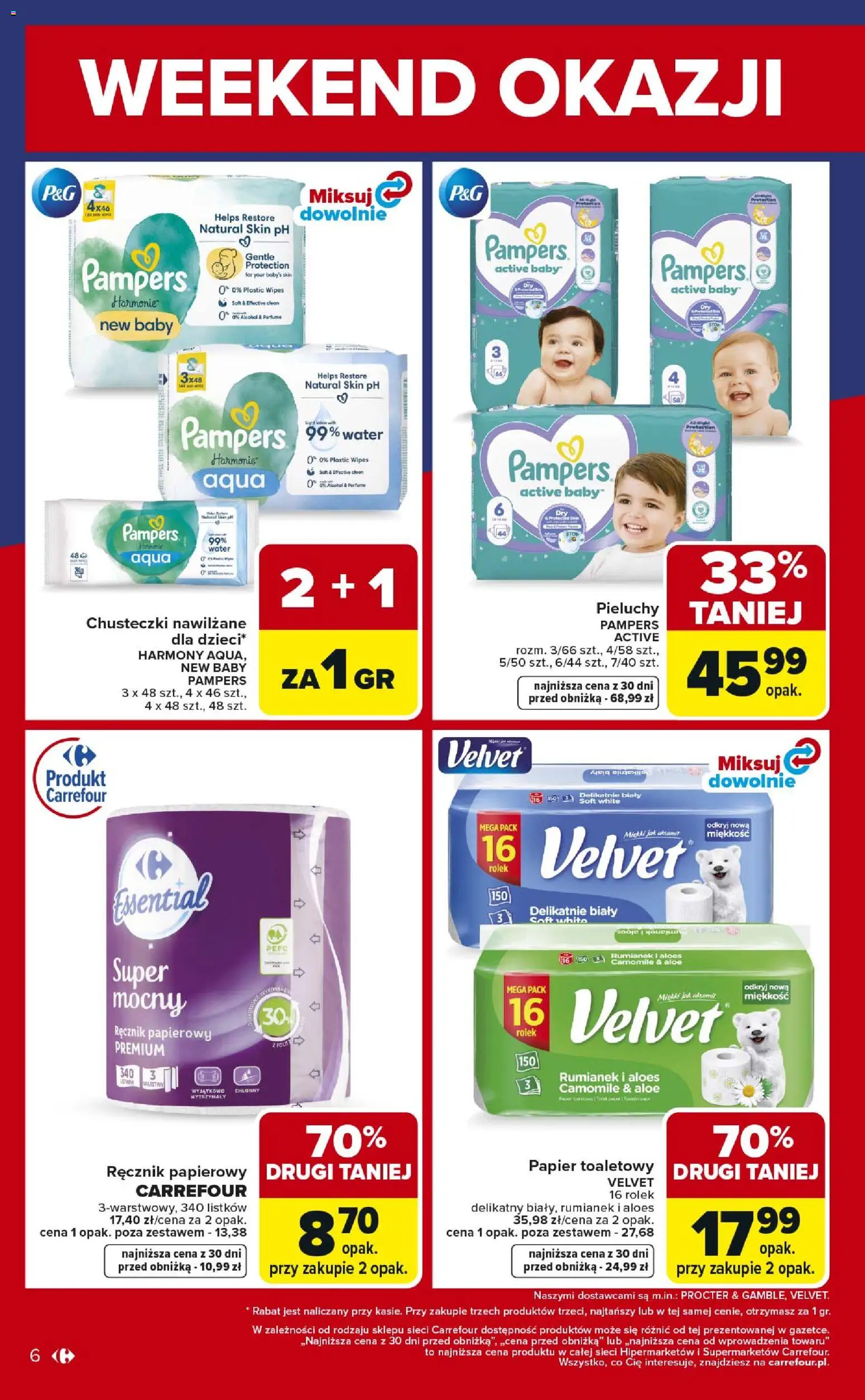 Carrefour gazetka - Weekend okazji od 05.03.2026 | Strona: 6 | Produkty: Papier toaletowy, Pampers, Aloes, Ręcznik papierowy