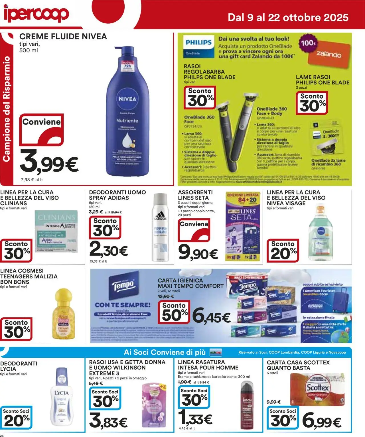 Volantino Ipercoop del 09.10.2025 | Pagina: 26 | Prodotti: Schiuma da barba, Pettine, Carta igienica, Regolabarba