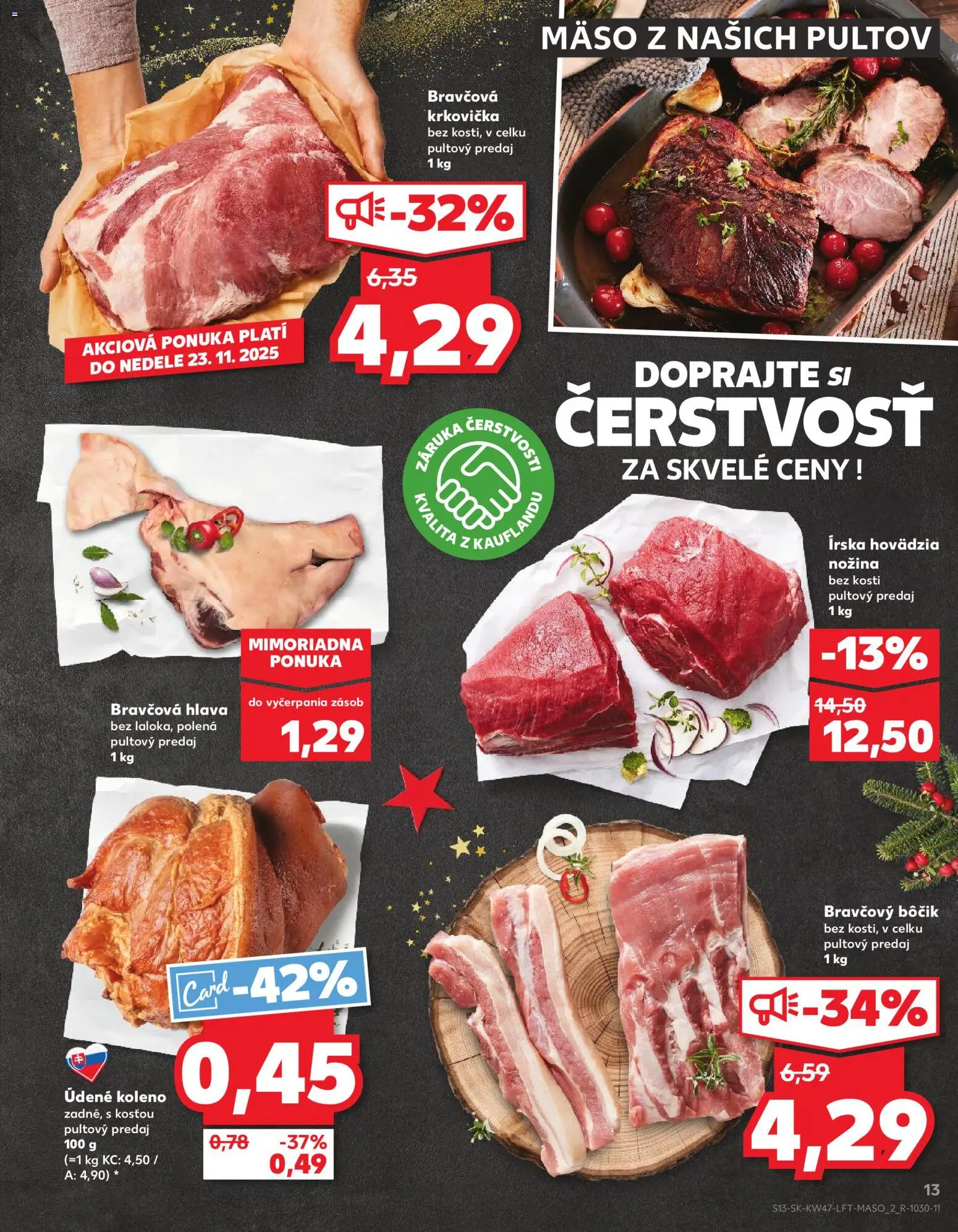 Nové Kaufland akcie – leták je platný od 20.11.2025 | Strana: 13 | Produkty: Bravčová krkovička, Bravčový bôčik, Krkovička, Údené koleno