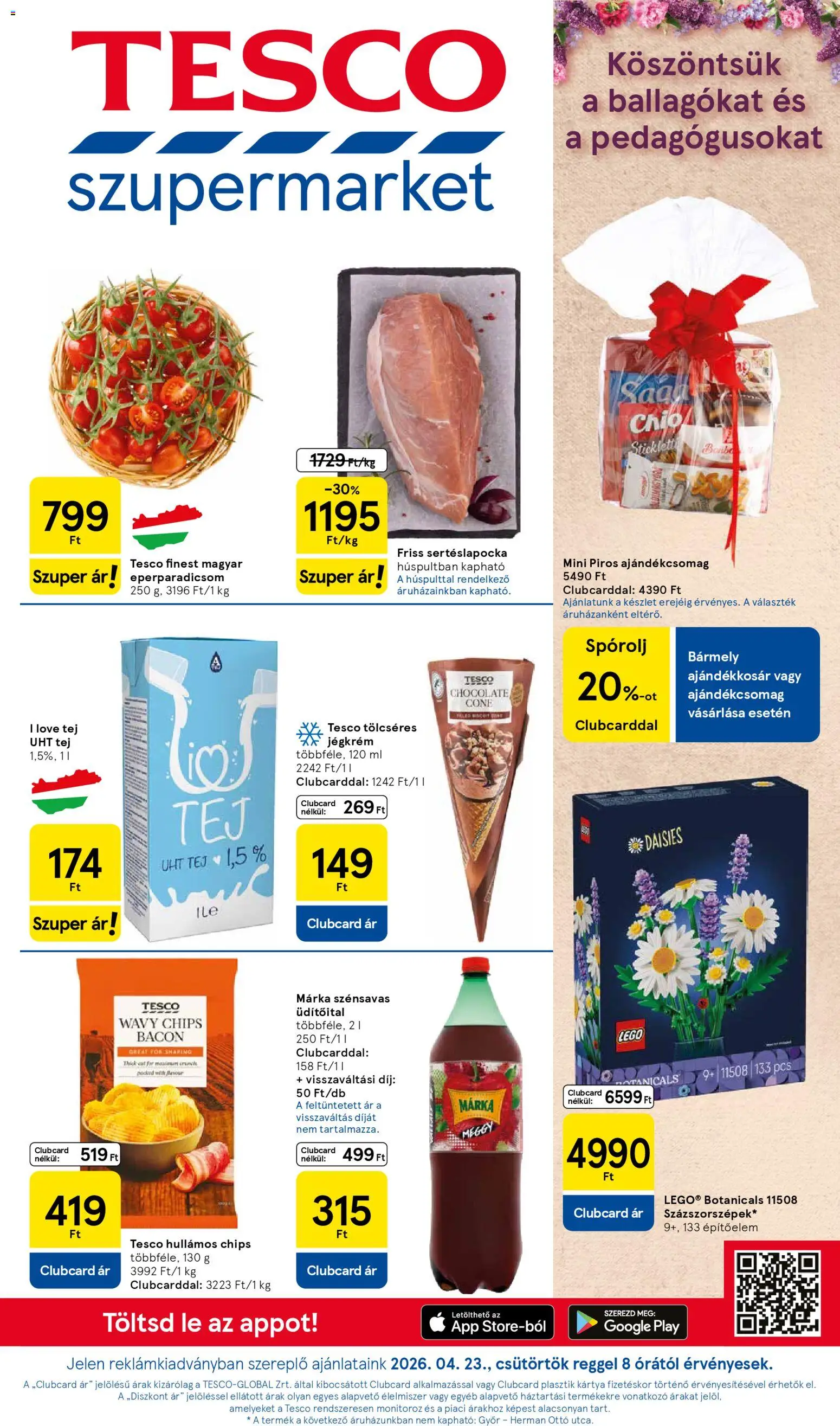 Tesco akciós ujság - amely érvényes a következő dátumtól: 23.04.2026 | Oldal: 1 | Termékek: Sertéslapocka, Meggy, Bacon, Jégkrém