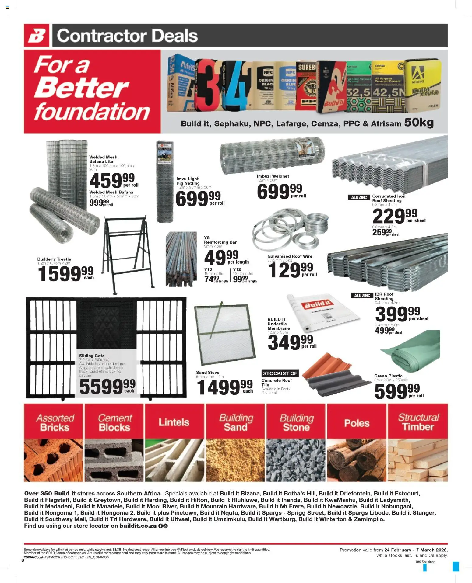 New Build It catalogue – valid from 24.02.2026 | Page: 8 | Products: Gate, Light, Foundation, Cement