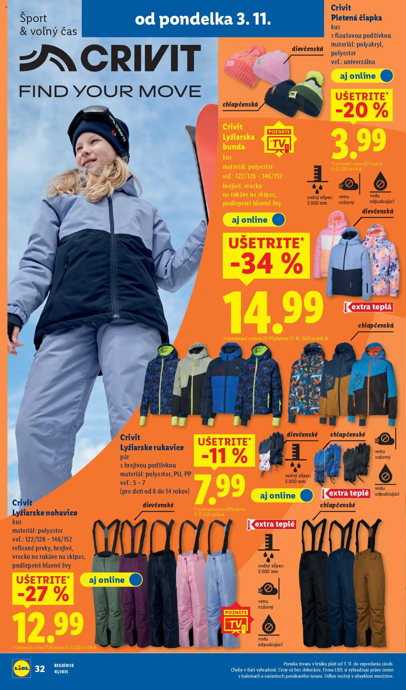 Nové Lidl akcie – leták je platný od 03.11.2025 | Strana: 50 | Produkty: Bunda, Nohavice, Čiapka, Rukavice
