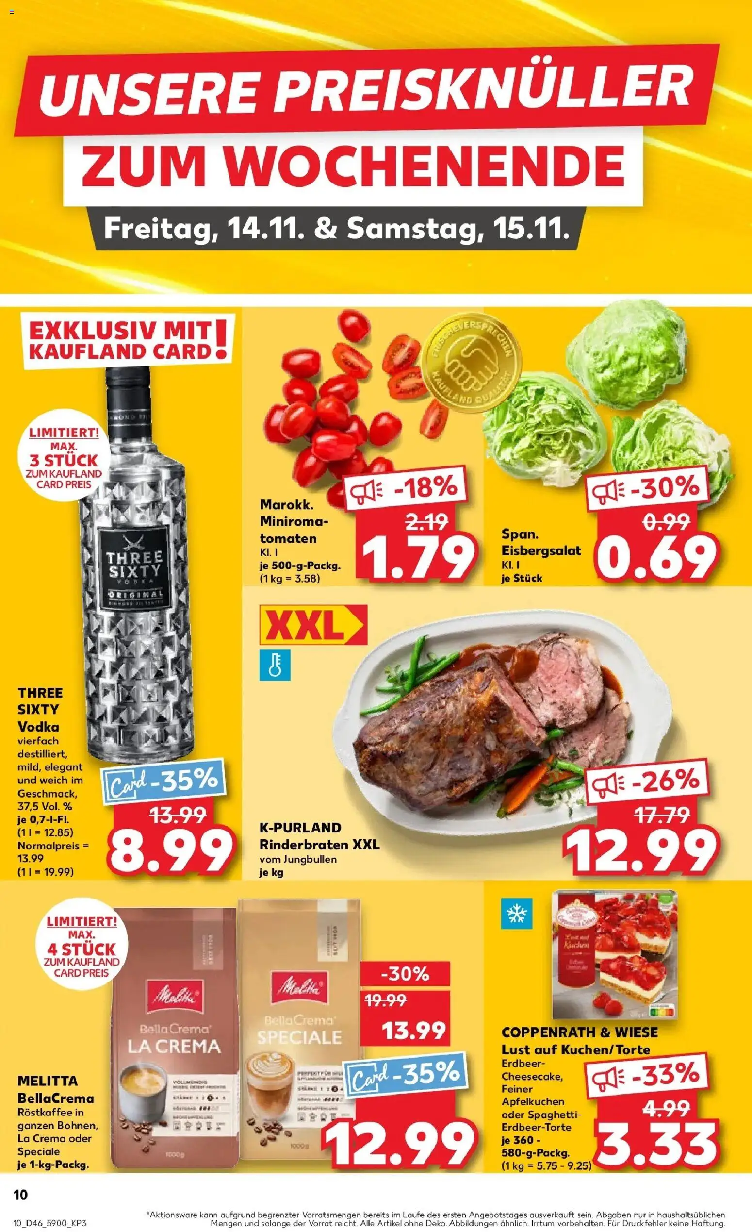 Kaufland prospekt Neustrelitz	 – gültig ab 13.11.2025 | Seite: 10 | Produkte: Rinderbraten, Tomaten, Eisbergsalat, Vodka