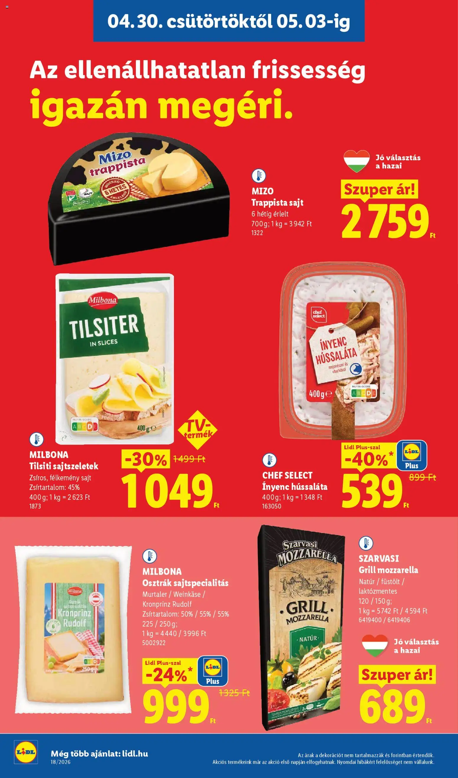 Lidl akciós ujság - amely érvényes a következő dátumtól: 30.04.2026 | Oldal: 8 | Termékek: Mozzarella, Grill, Sajt, Trappista sajt