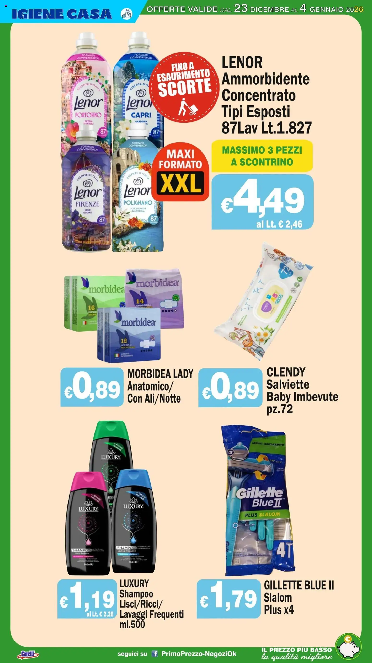 Volantino Primo Prezzo del 23.12.2025 | Pagina: 25 | Prodotti: Shampoo, Ammorbidente