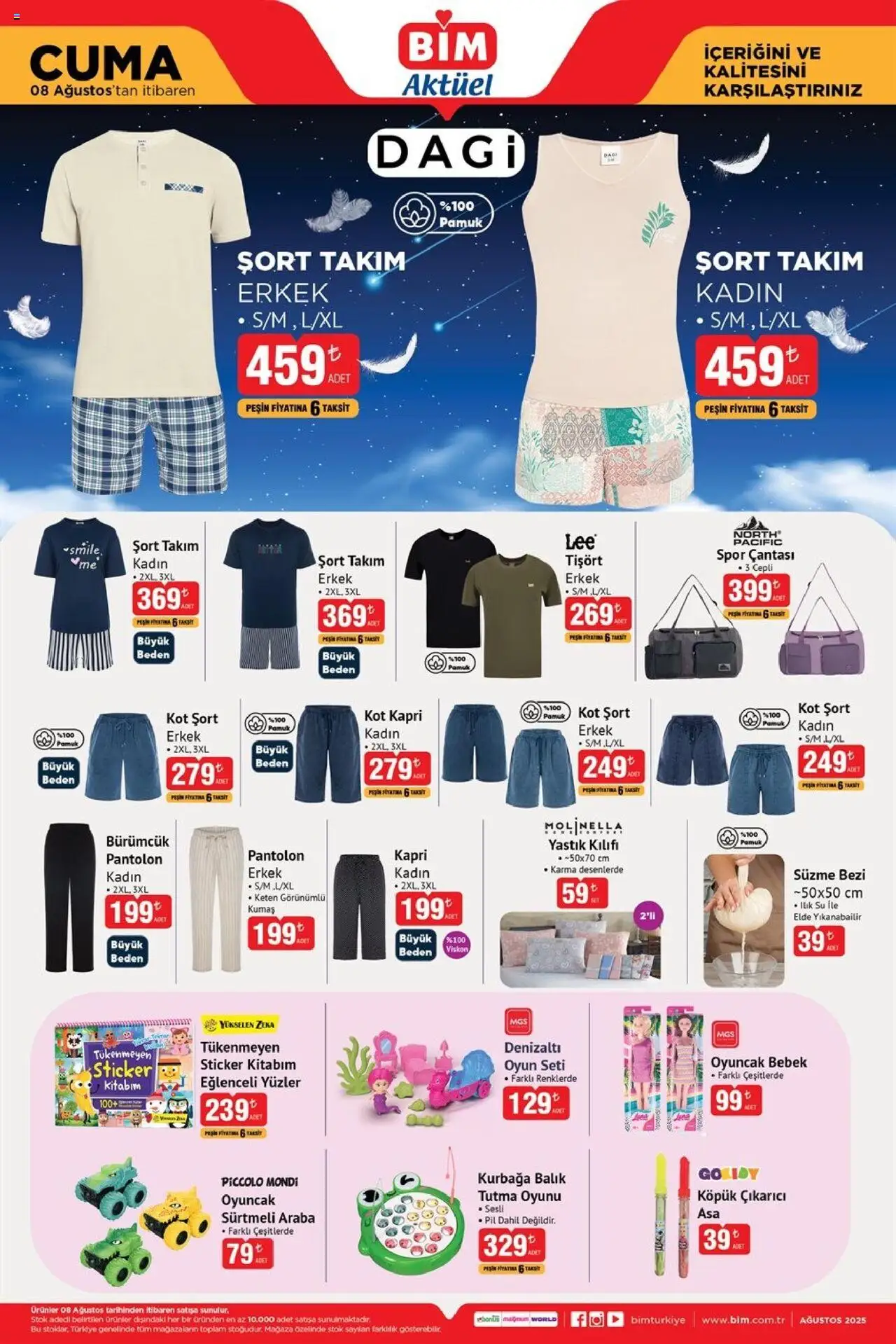 BİM - 08 Ağustos Cuma, Aktüel - 08.08.2025 tarihinden itibaren geçerlidir | Sayfa: 1 | Ürünler: Yastık, Pil, Balık, Tişört