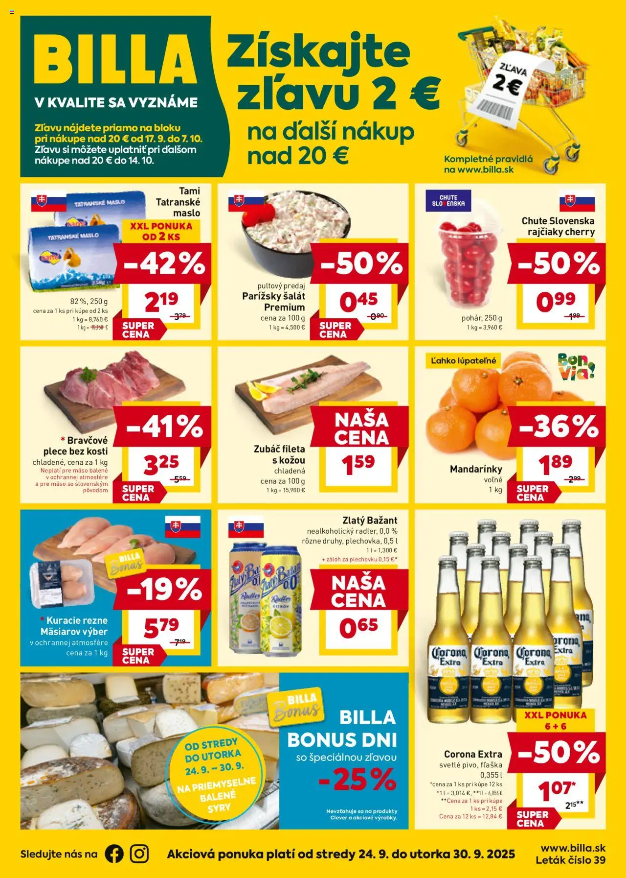 Nové Billa akcie – leták je platný od 24.09.2025 | Strana: 1 | Produkty: Maslo, Zlatý Bažant, Kuracie rezne, Tatranské maslo