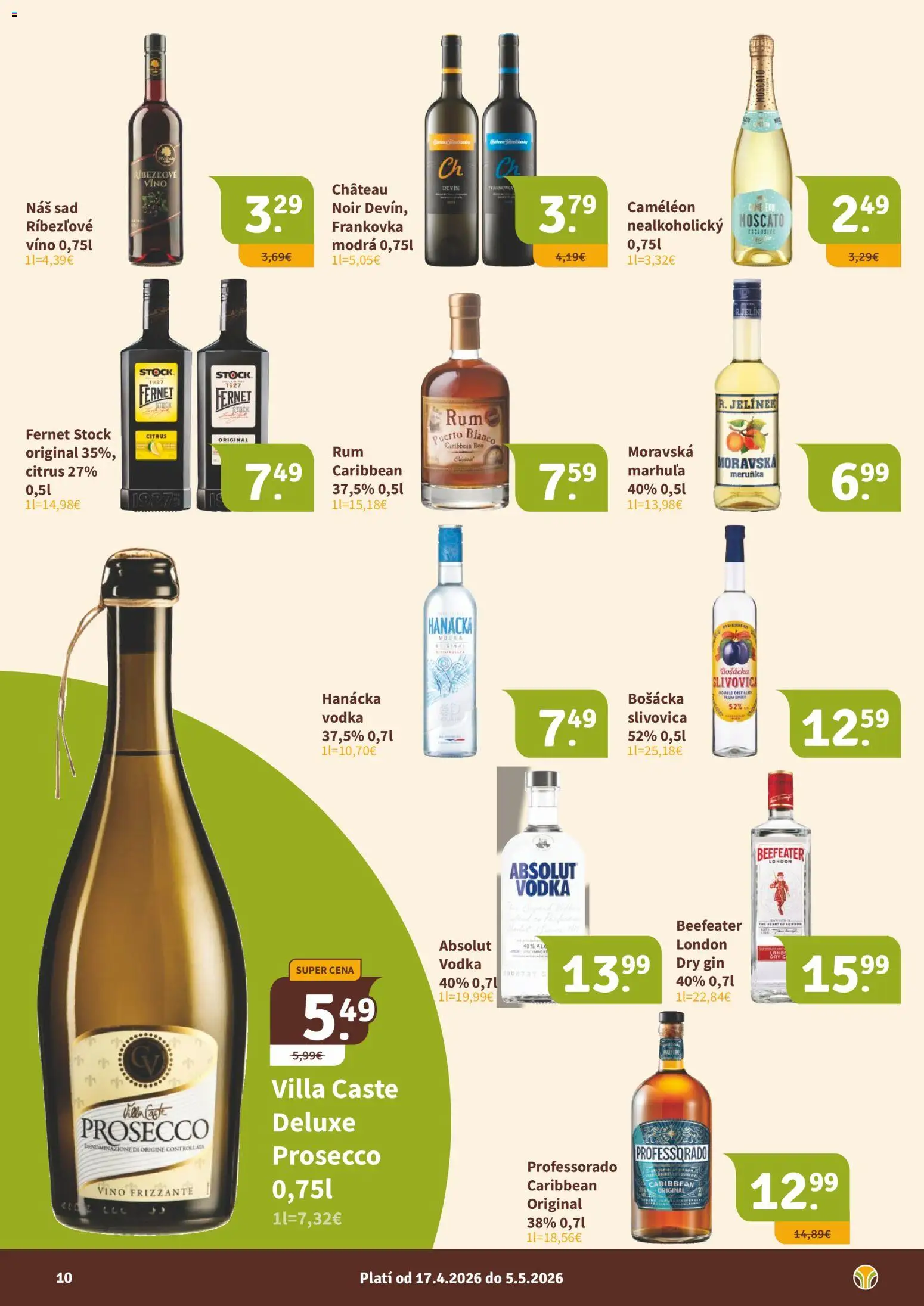 Nové Nitrazdroj akcie – leták je platný od 17.04.2026 | Strana: 10 | Produkty: Gin, Vodka, Fernet, Fernet Stock