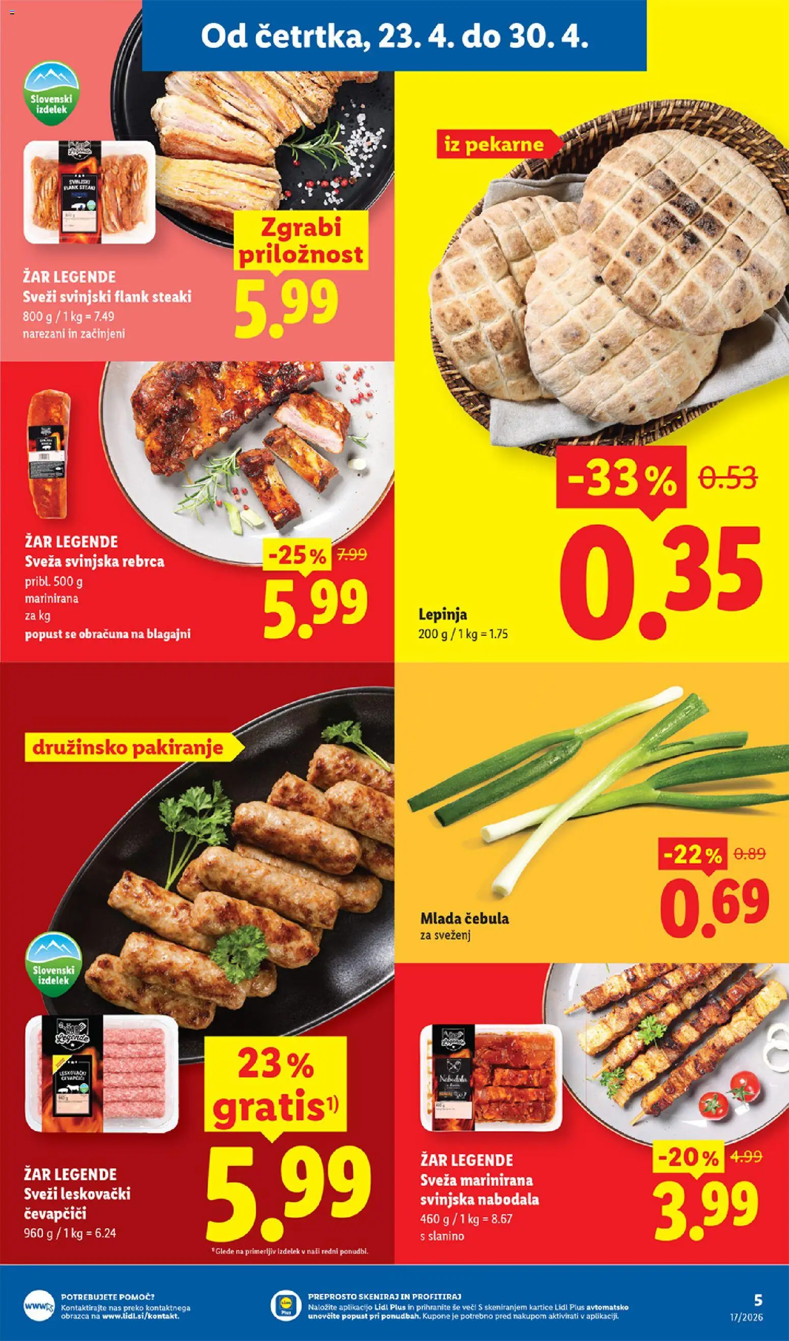 Novi Lidl katalog ponudbe – veljaven od 23.04.2026 | Stran: 5 | Izdelki: Rebrca, Čevapčiči, Nabodala, Cebula