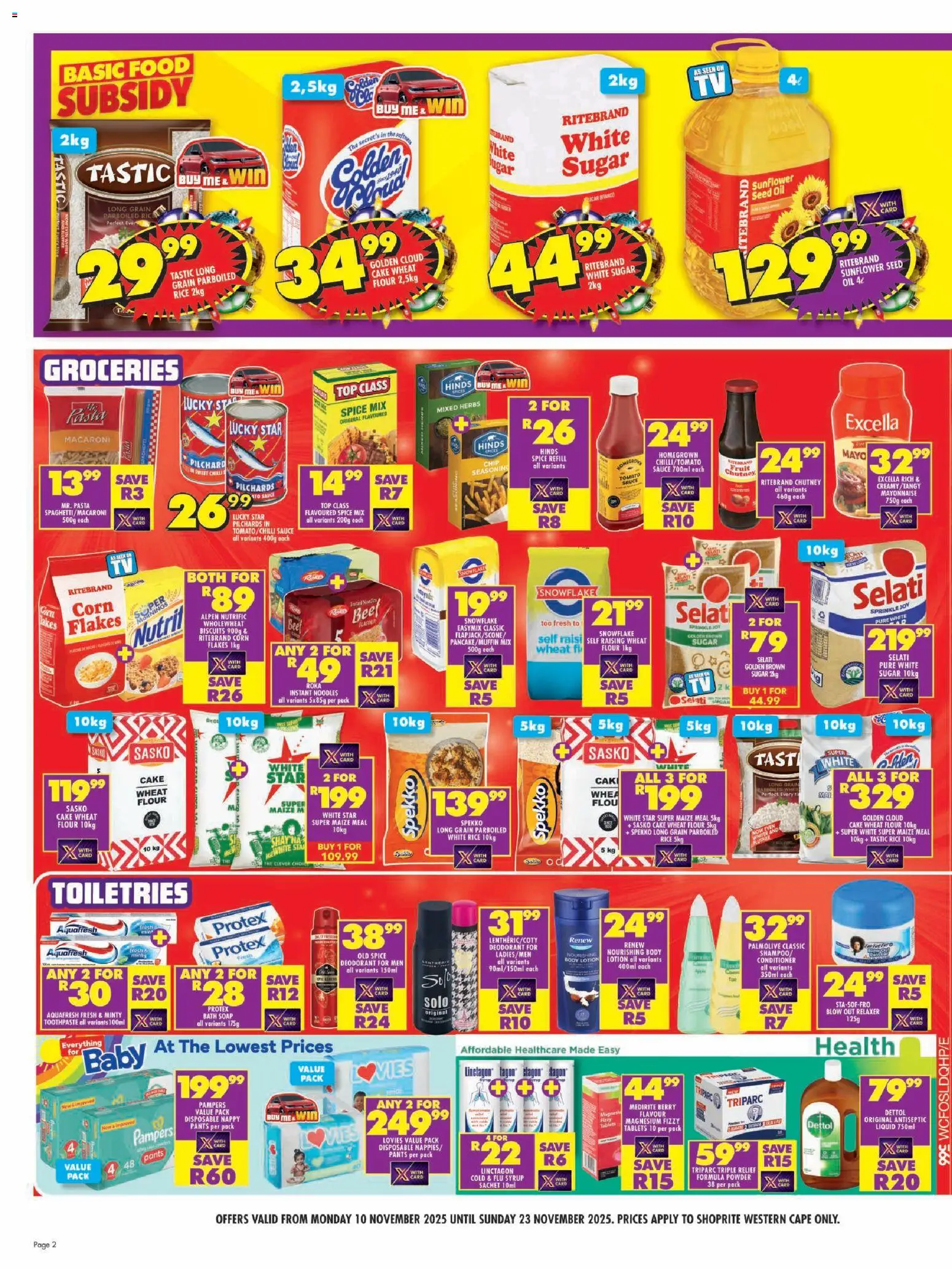 New Shoprite catalogue – valid from 10.11.2025 | Page: 2 | Products: Pilchards, Noodles, Soap, Lotion