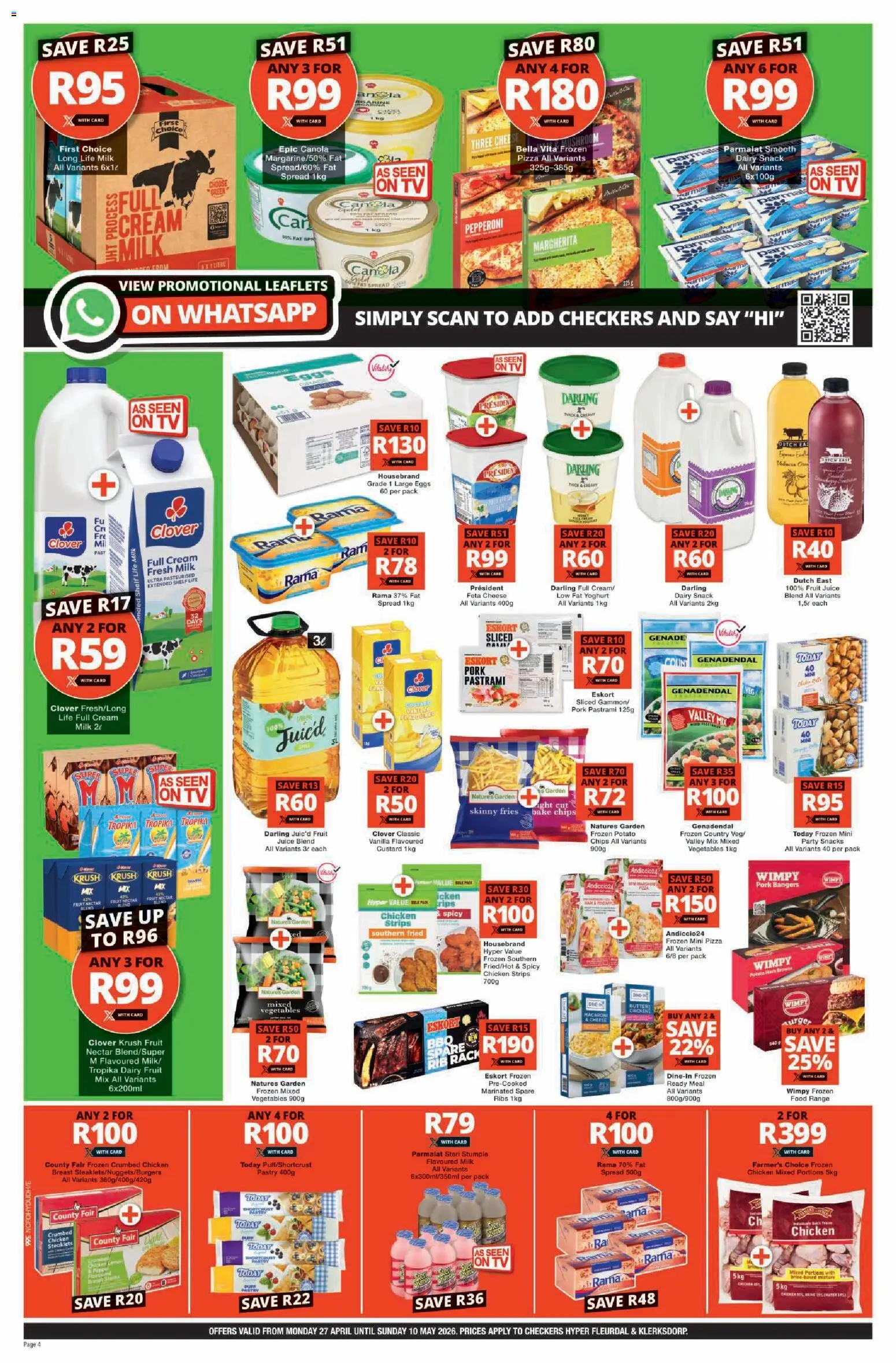 New Checkers catalogue – valid from 27.04.2026 | Page: 4 | Products: Cheese, Chicken, Snacks, Vegetables