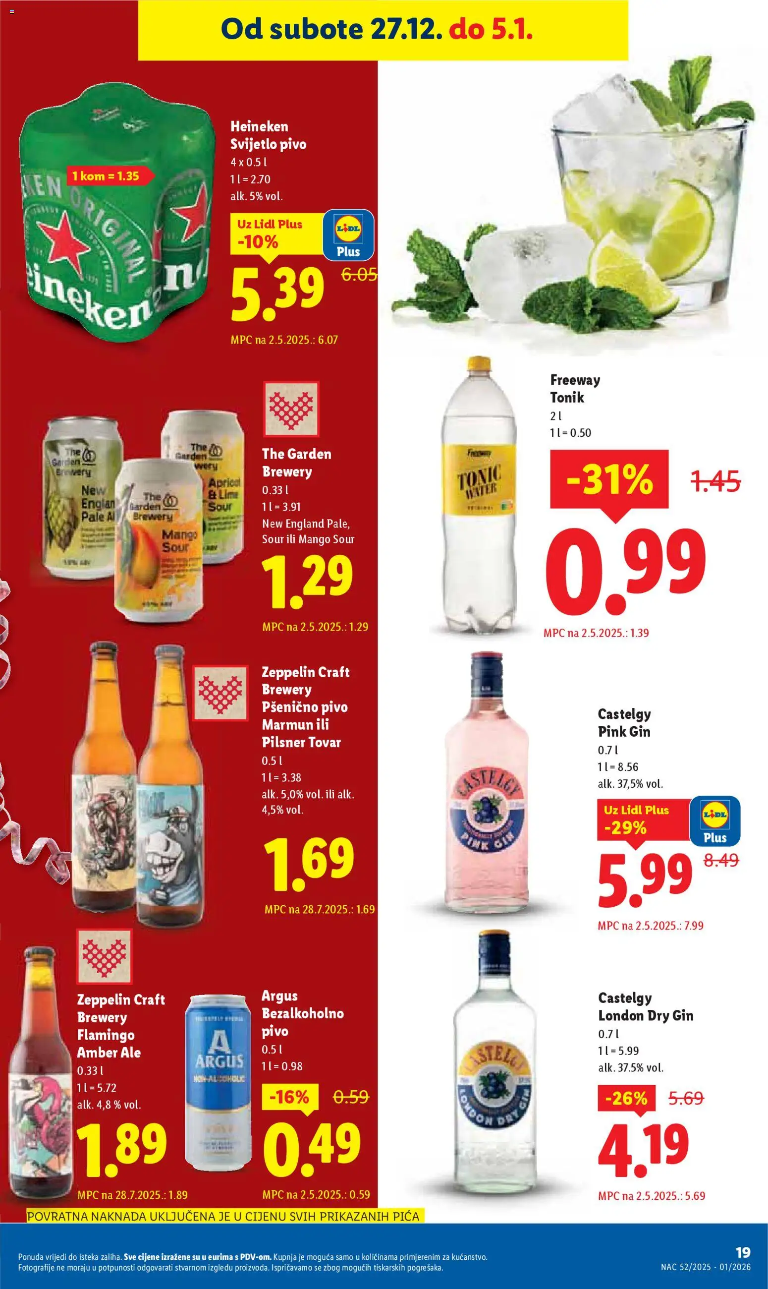 Lidl katalog | vrijedi od 27.12.2025 | Stranica: 19 | Proizvodi: Pivo, Heineken, Tonic, Mango
