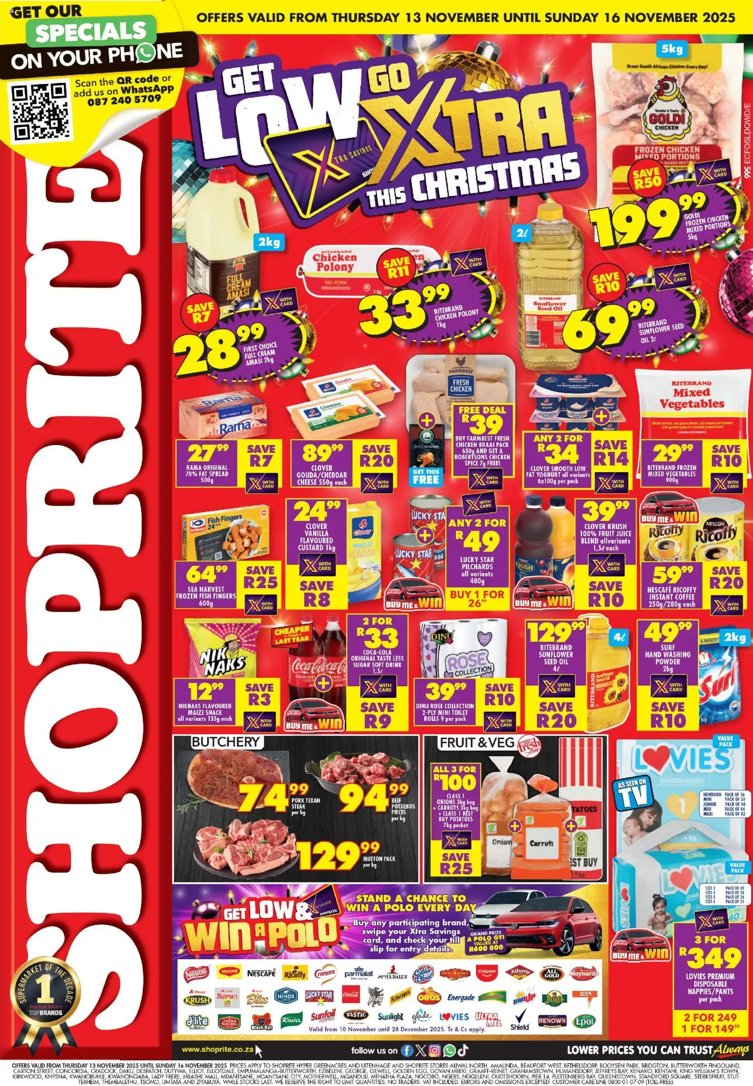 New Shoprite catalogue – valid from 13.11.2025 | Page: 1 | Products: Pilchards, Phone, Cream, Vegetables