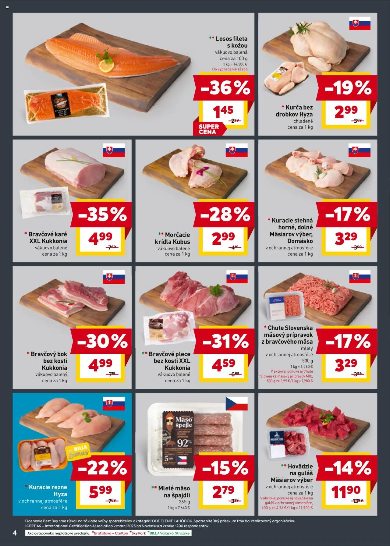 Billa leták │ platný od 27.08.2025 | Strana: 4 | Produkty: Kuracie rezne, Kuracie stehná, Mleté mäso, Bravčové karé