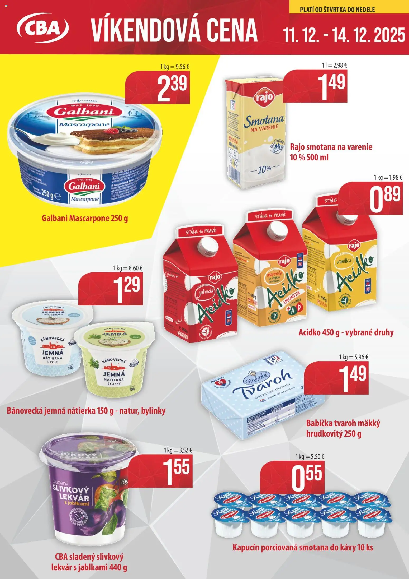 Nové CBA Verex akcie – leták je platný od 11.12.2025 | Strana: 1 | Produkty: Smotana, Tvaroh, Acidko, Mascarpone
