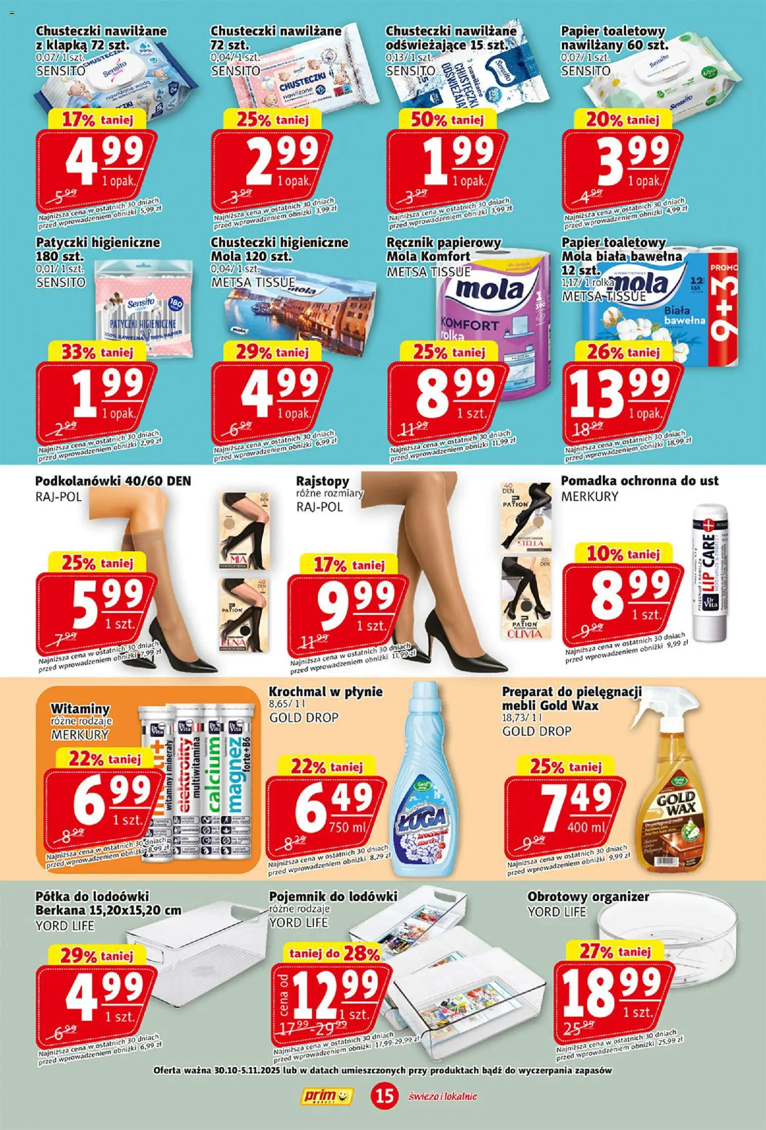 Prim Market Gazetka od 30.10.2025 | Strona: 15 | Produkty: Chusteczki higieniczne, Półka, Pomadka, Woda