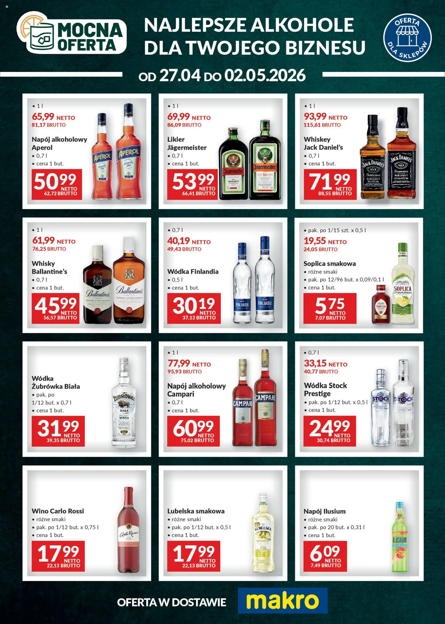 Makro gazetka - Mocna oferta od 27.04.2026 | Strona: 1 | Produkty: Wódka Stock, Campari, Żubrówka, Carlo Rossi