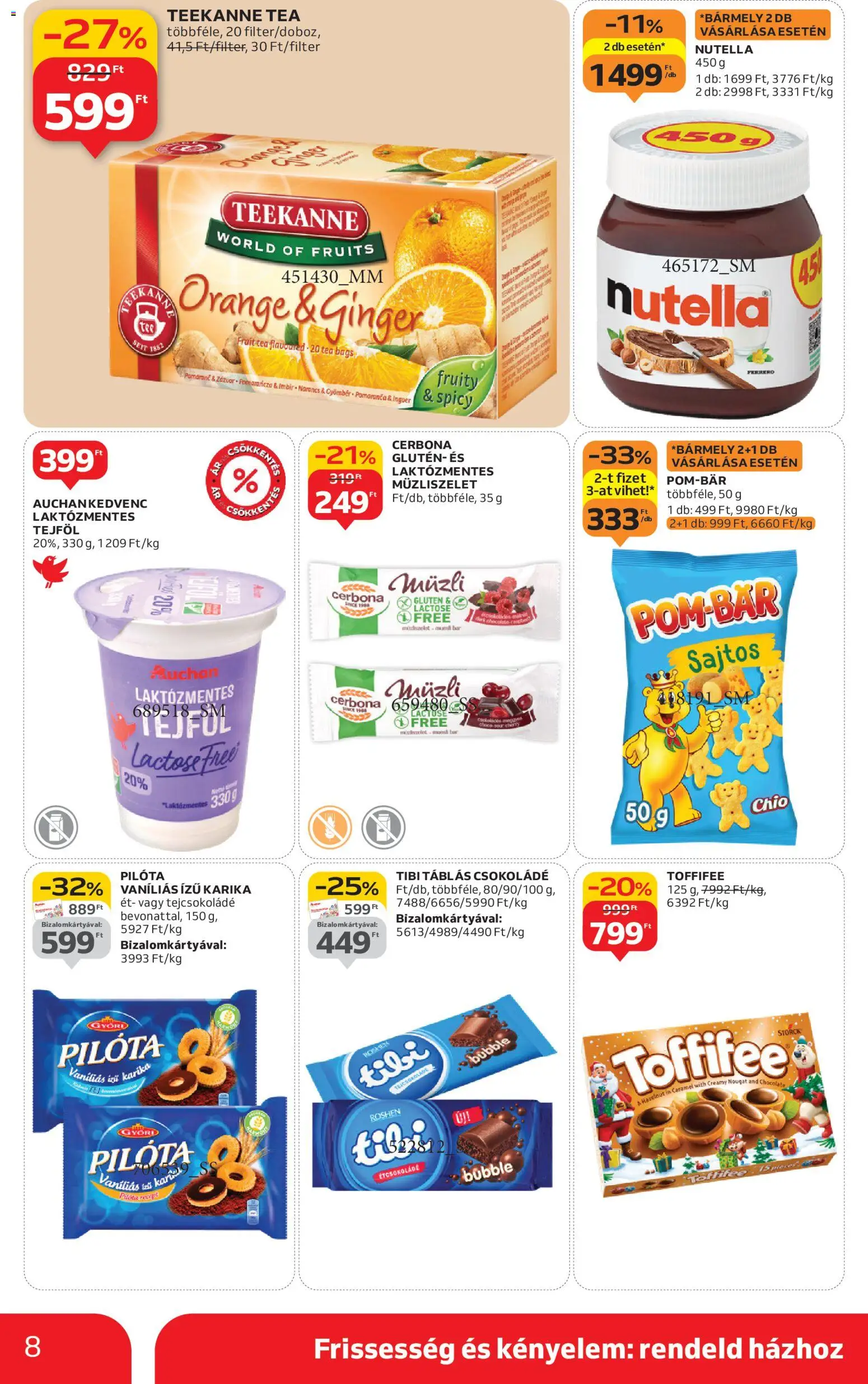 Auchan akciós ujság - amely érvényes a következő dátumtól: 13.11.2025 | Oldal: 8 | Termékek: Müzli, Nutella, Toffifee, Tea