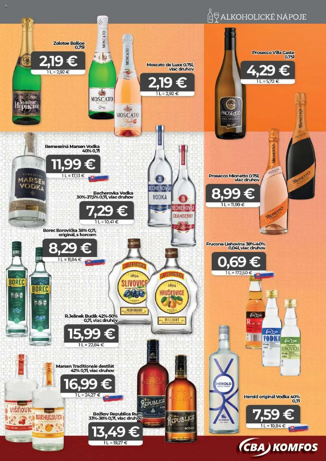 CBA Komfos Leták │ platný od 22.08.2025 | Strana: 13 | Produkty: Prosecco, Republica, Brandy, Vodka