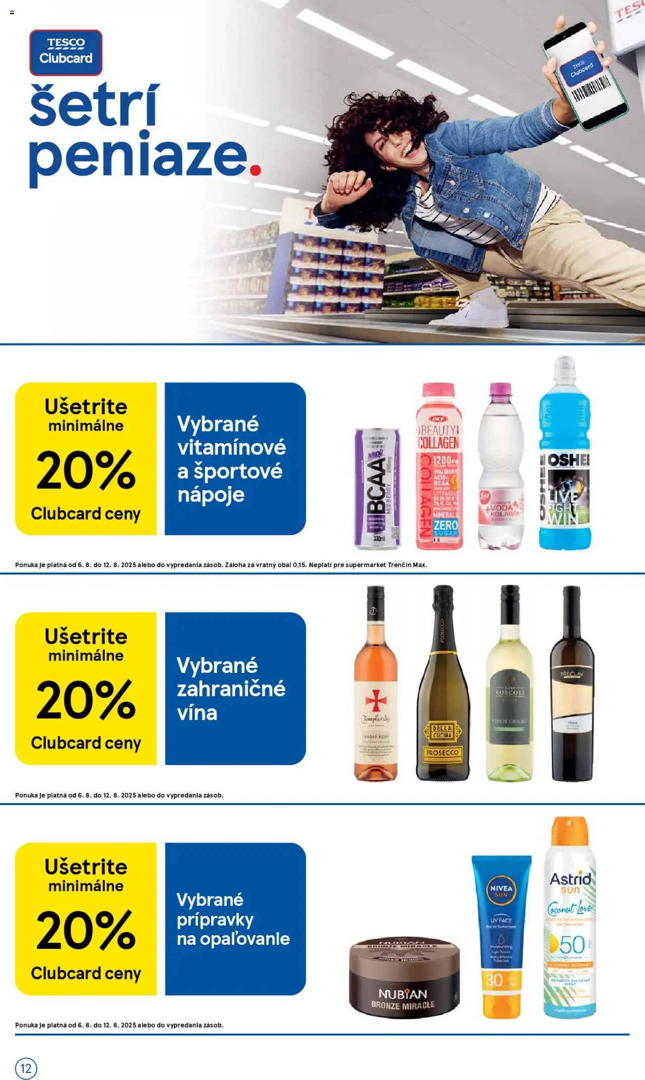 Tesco Supermarket - leták │ platný od 06.08.2025 | Strana: 12 | Produkty: Nivea, Víno, Kolagén, Voda
