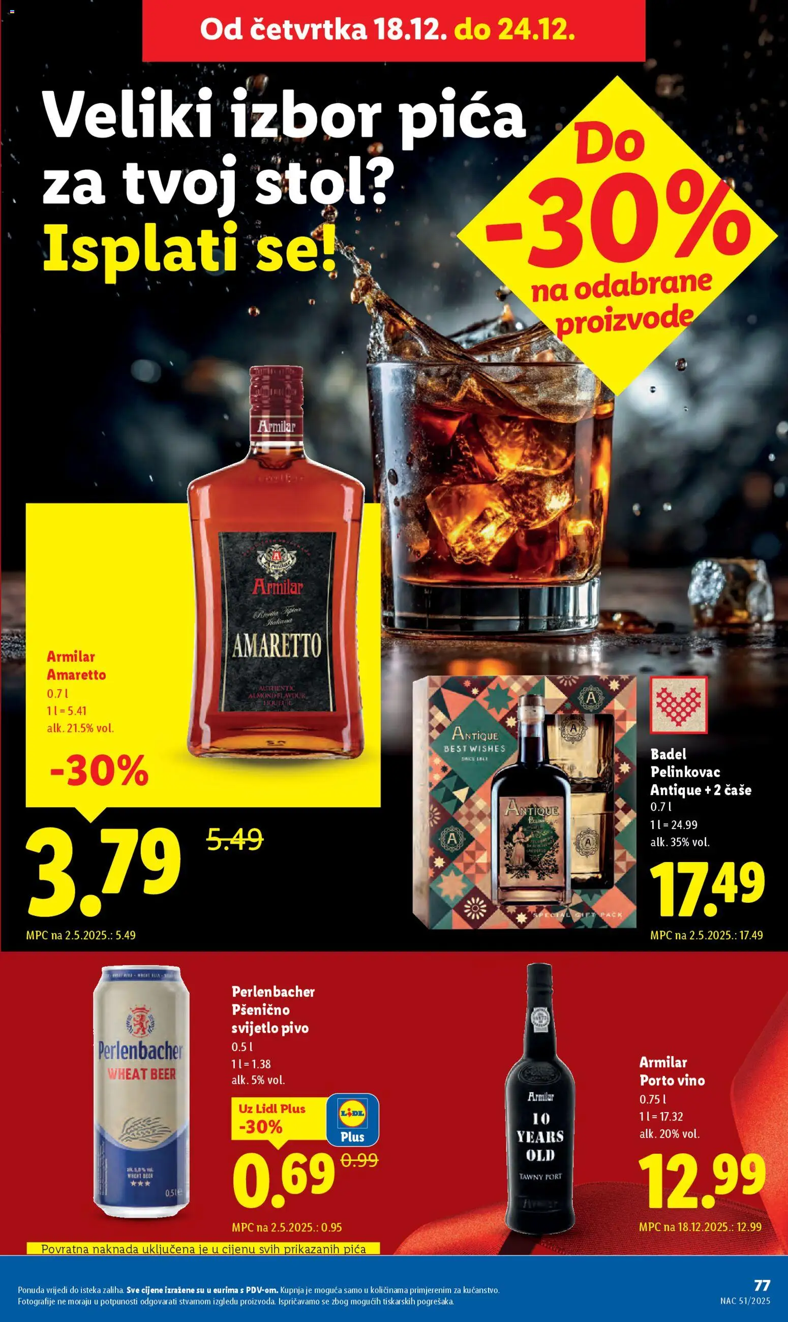 Lidl katalog | vrijedi od 15.12.2025 | Stranica: 77 | Proizvodi: Pelinkovac, Stol, Pica, Vino