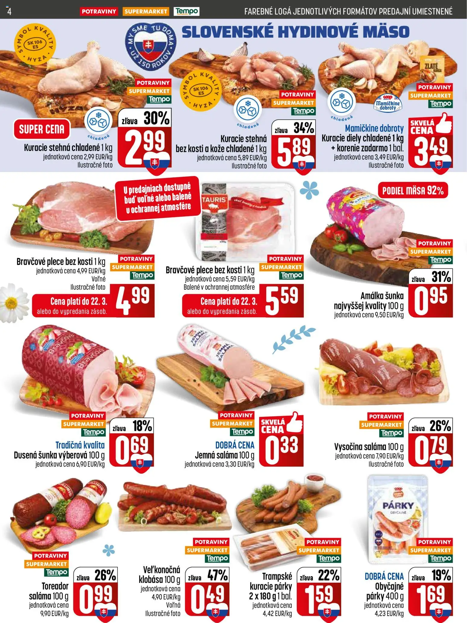 Nové COOP Jednota akcie – leták je platný od 19.03.2026 | Strana: 4 | Produkty: Saláma, Šunka, Kuracie stehná, Korenie