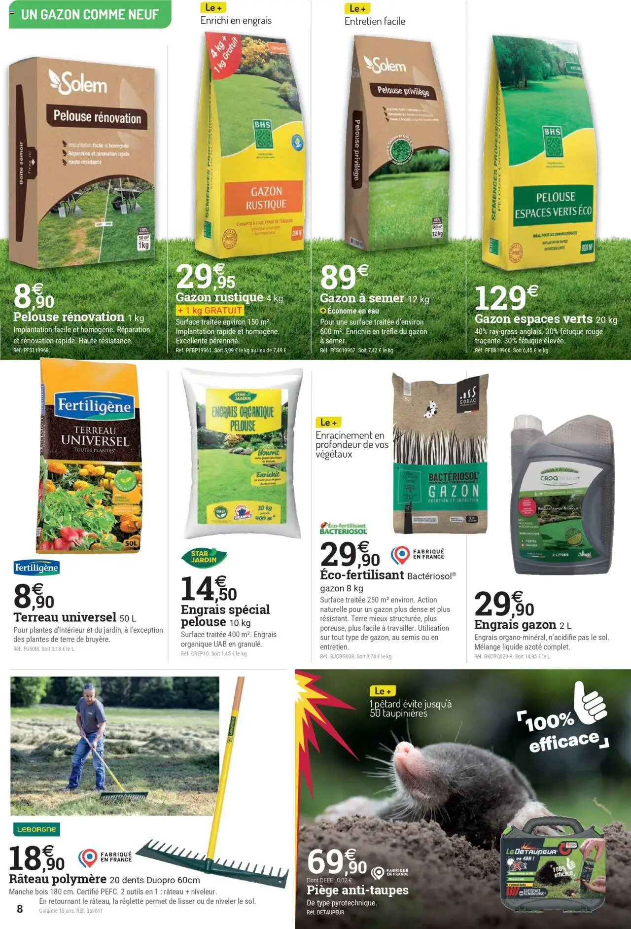 {H1} | Page: 8 | Produits: Terreau Universel, Plantes, Gazon, Rateau