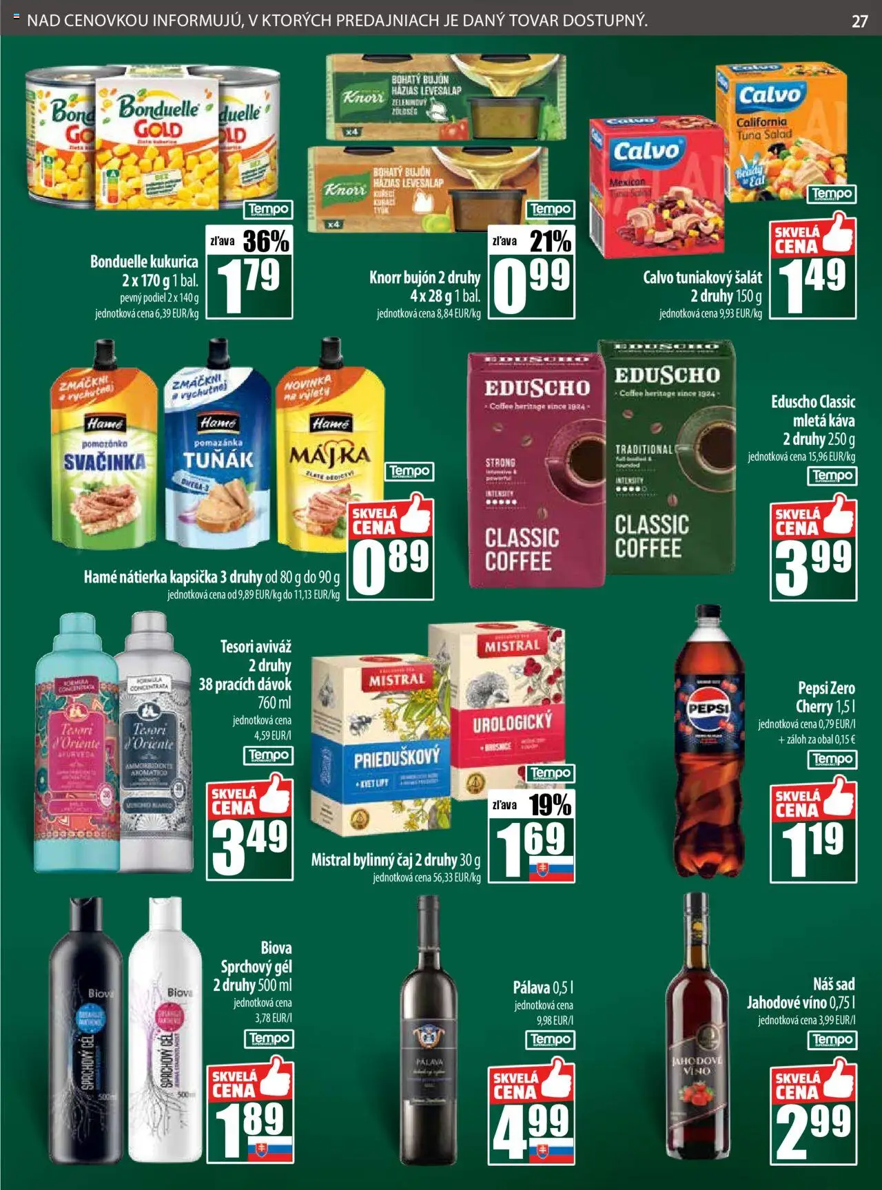 Nové COOP Jednota akcie – leták je platný od 09.10.2025 | Strana: 27 | Produkty: Káva, Bujón, Čaj, Sprchový gél
