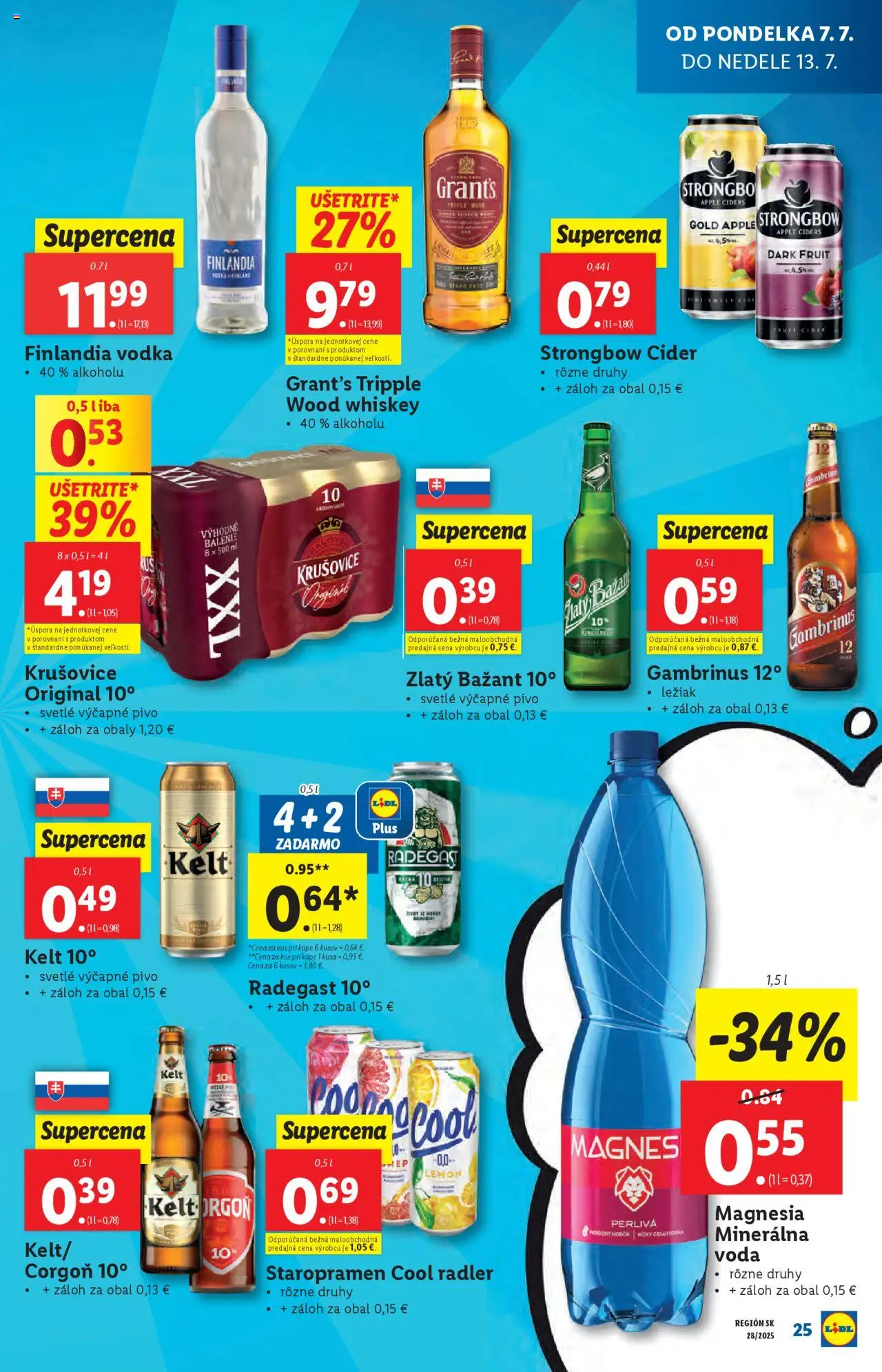 Lidl leták │ platný od 07.07.2025 | Strana: 25 | Produkty: Pivo, Krušovice, Strongbow, Minerálna voda