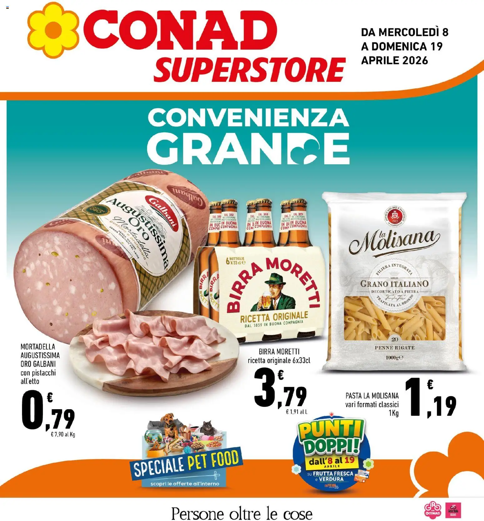 Volantino Conad del 08.04.2026 | Pagina: 1 | Prodotti: Frutta, Pasta, Mortadella, Pistacchi