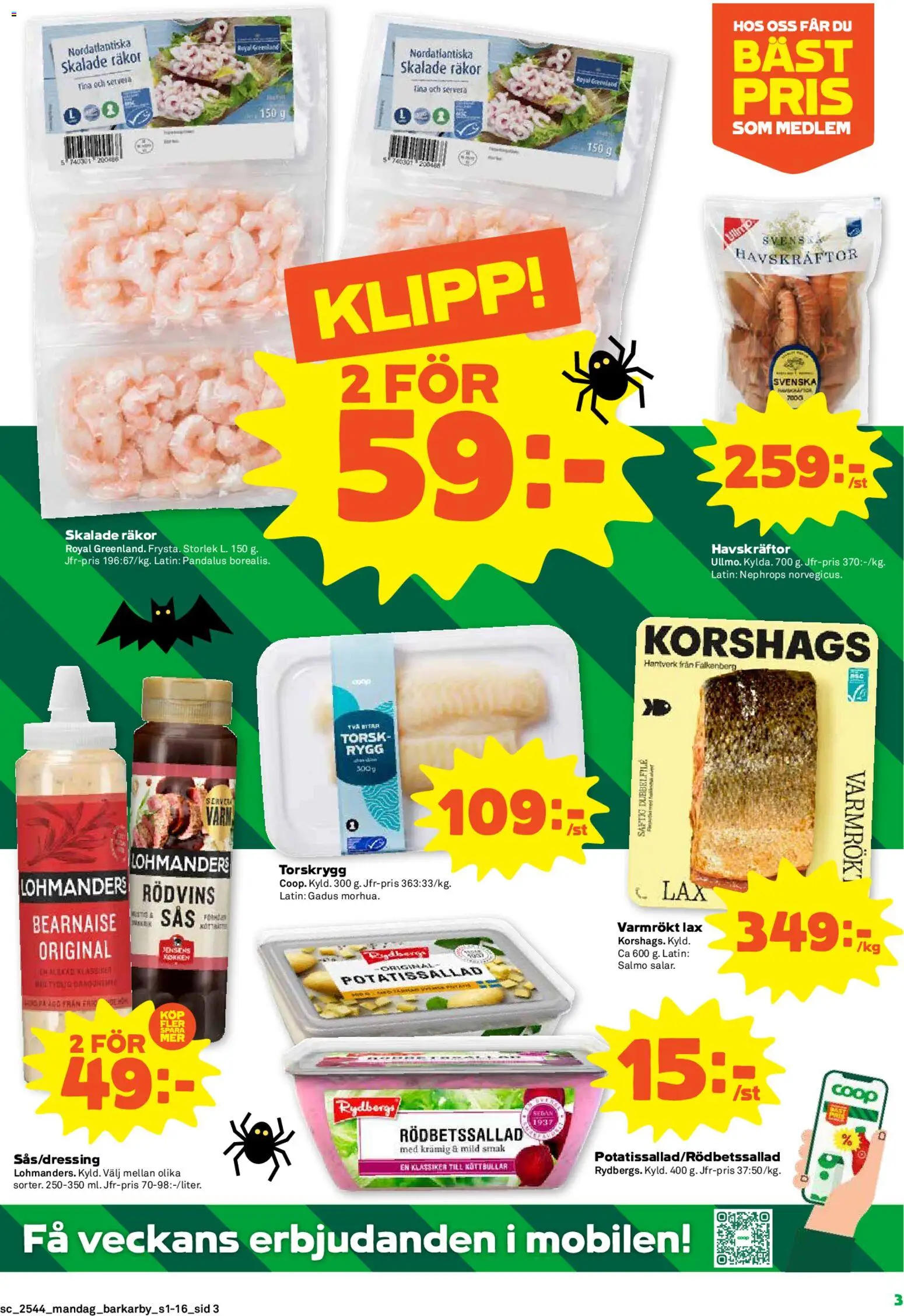 Coop Forum reklamblad aktuell från 27.10.2025 | Sida: 3 | Produkter: Rödbetssallad, Köttbullar, Räkor, Lax