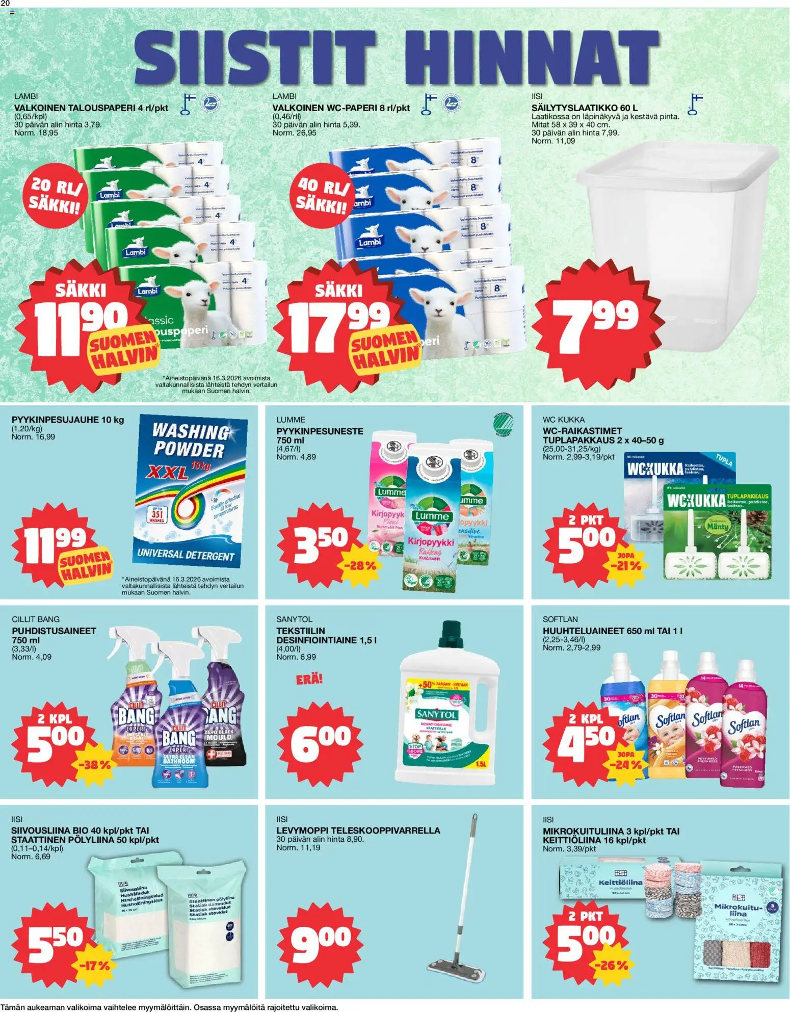Tokmanni tarjoukset – voimassa 30.03.2026 alkaen | Sivu: 20 | Tuotteet: Mikrokuituliina, Wc-paperi, WC