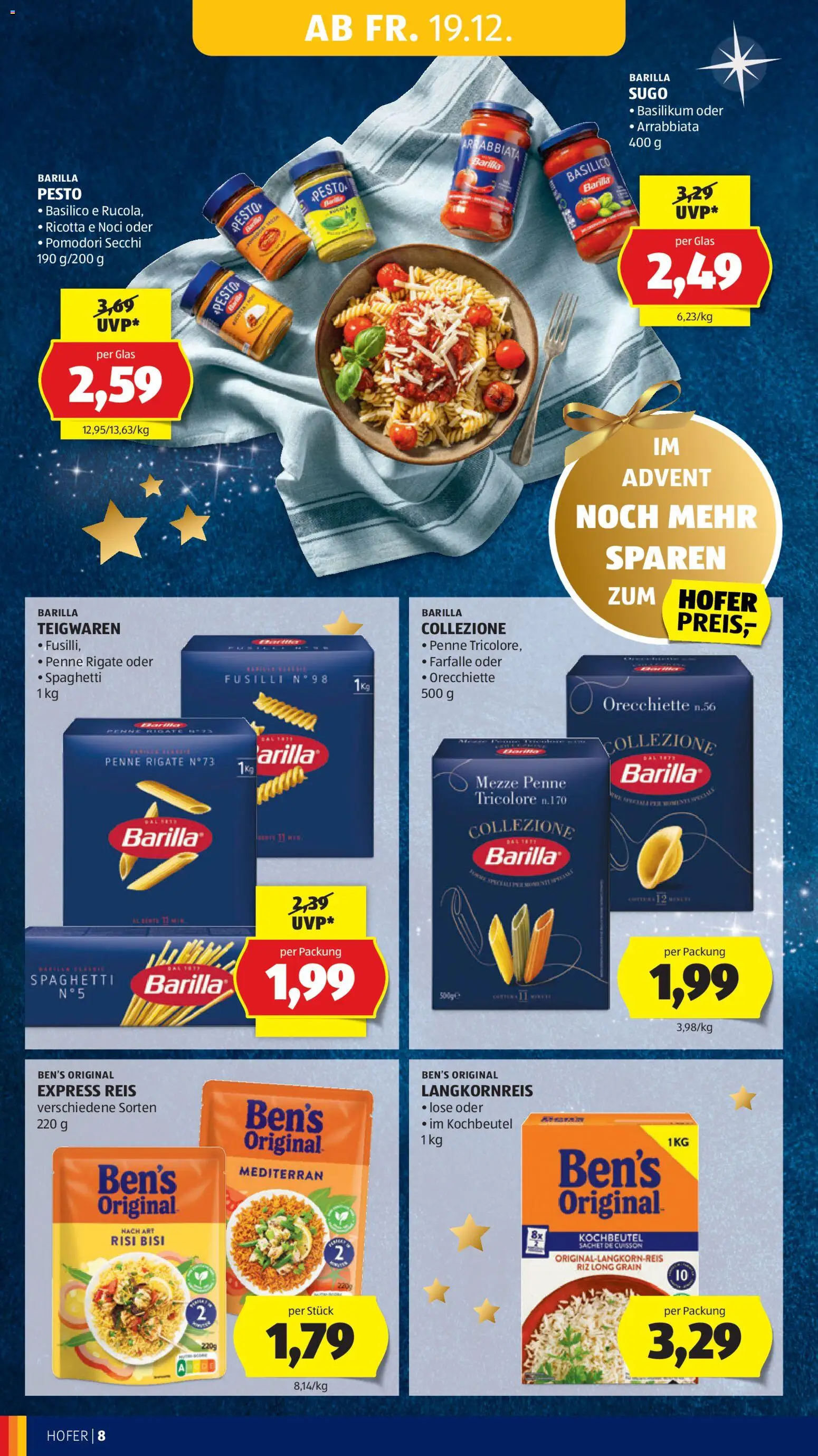 Hofer AT akciós ujság - amely érvényes a következő dátumtól: 19.12.2025 | Oldal: 10 | Termékek: Pesto, Ricotta, Farfalle, Penne