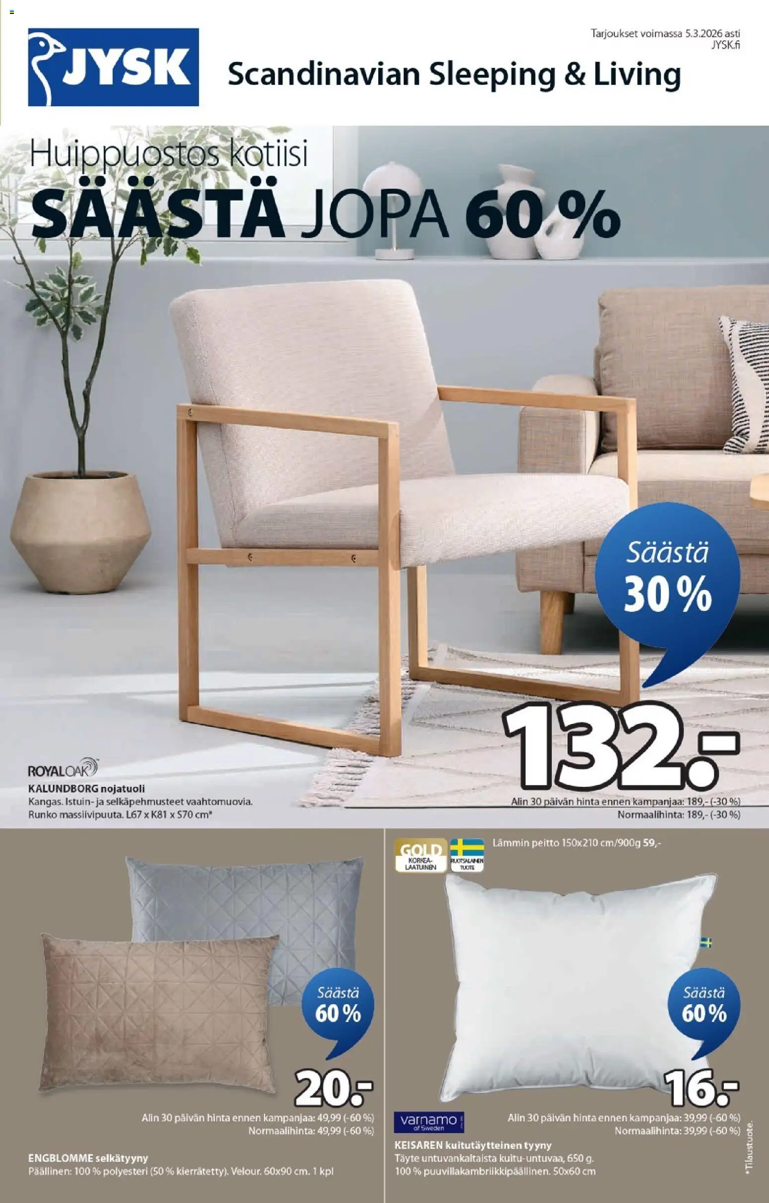 JYSK tarjoukset – voimassa 29.01.2026 alkaen | Sivu: 1 | Tuotteet: Tyyny, Nojatuoli, Peitto