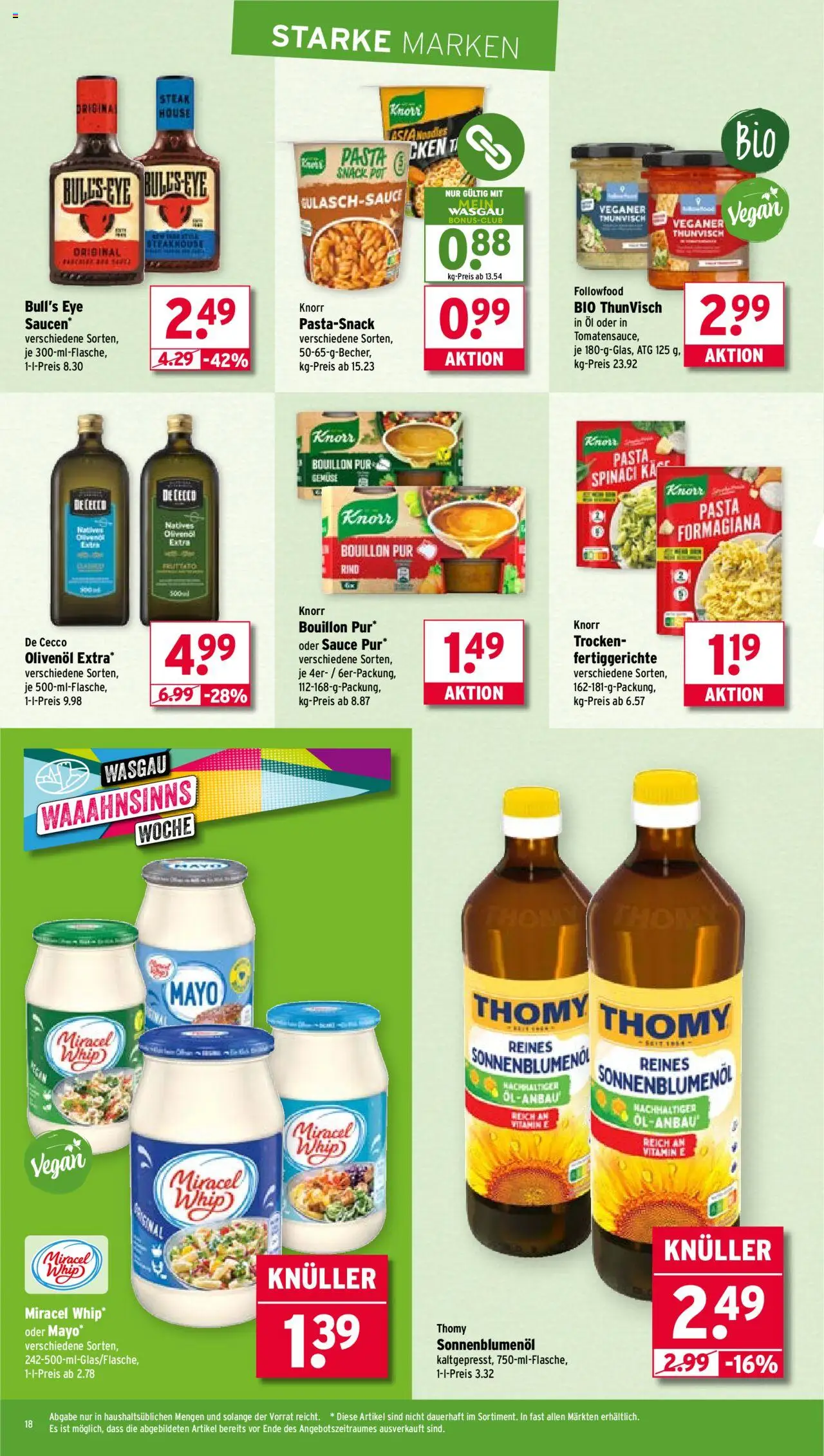 Wasgau Prospekt 	 - gültig ab dem 28.07.2025 | Seite: 18 | Produkte: Olivenol, Knorr, Fertiggerichte, Steak