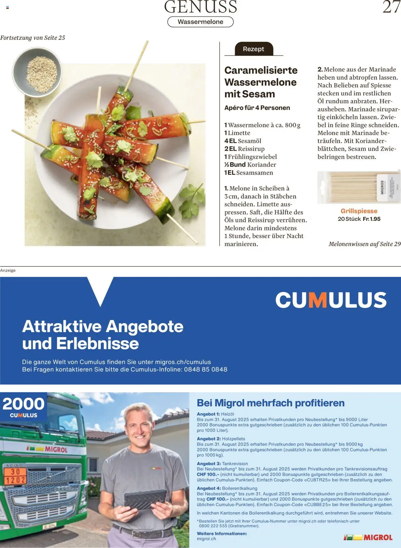 Migros - Magazin ab 18.08.2025 | Seite: 27 | Produkte: Spieße, Öl, Melone, Wassermelone