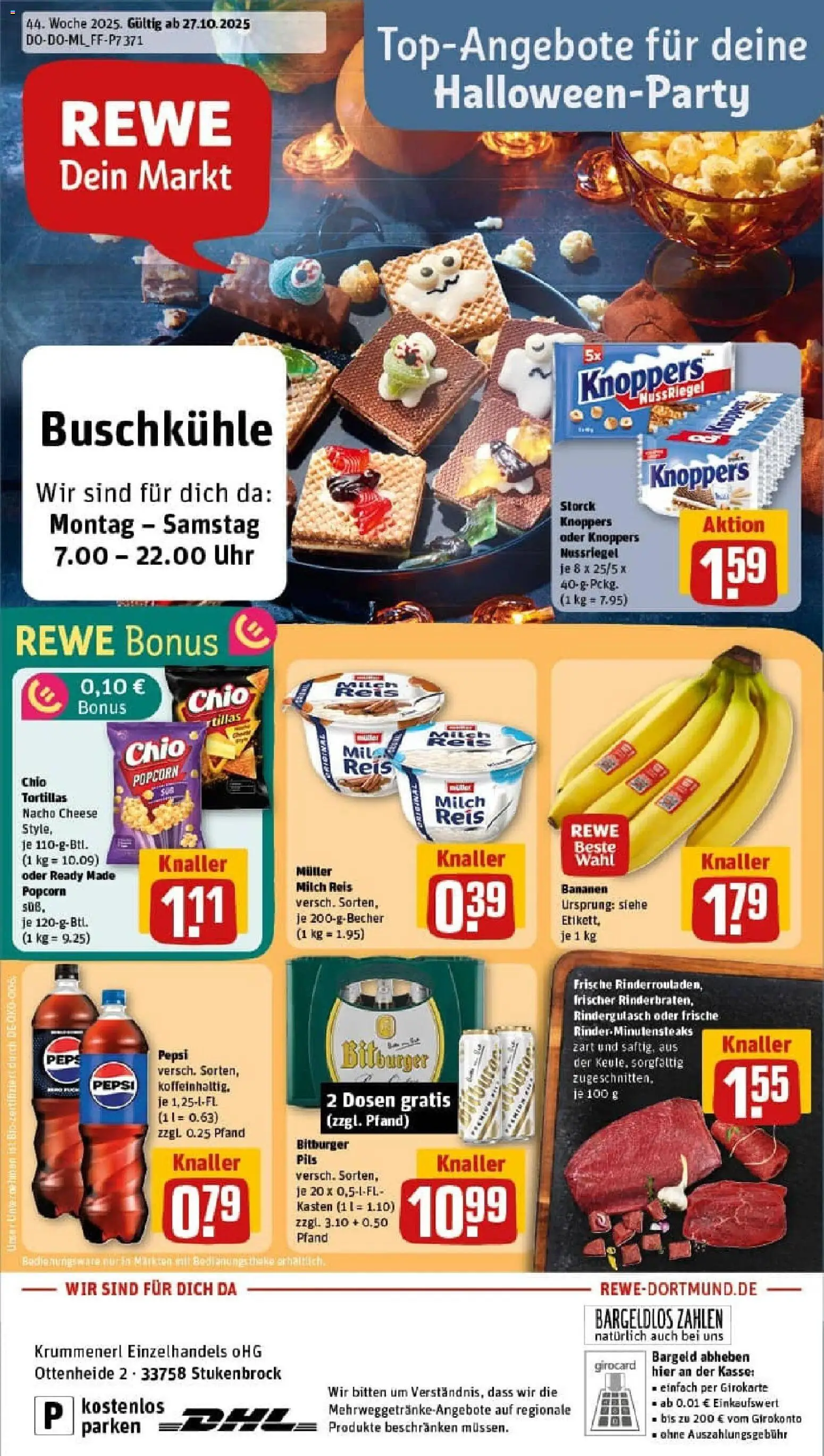 Rewe prospekt Schloß Holte-Stukenbrock	 – gültig ab 26.10.2025 | Seite: 1 | Produkte: Milch, Knoppers, Chio tortillas, Reis