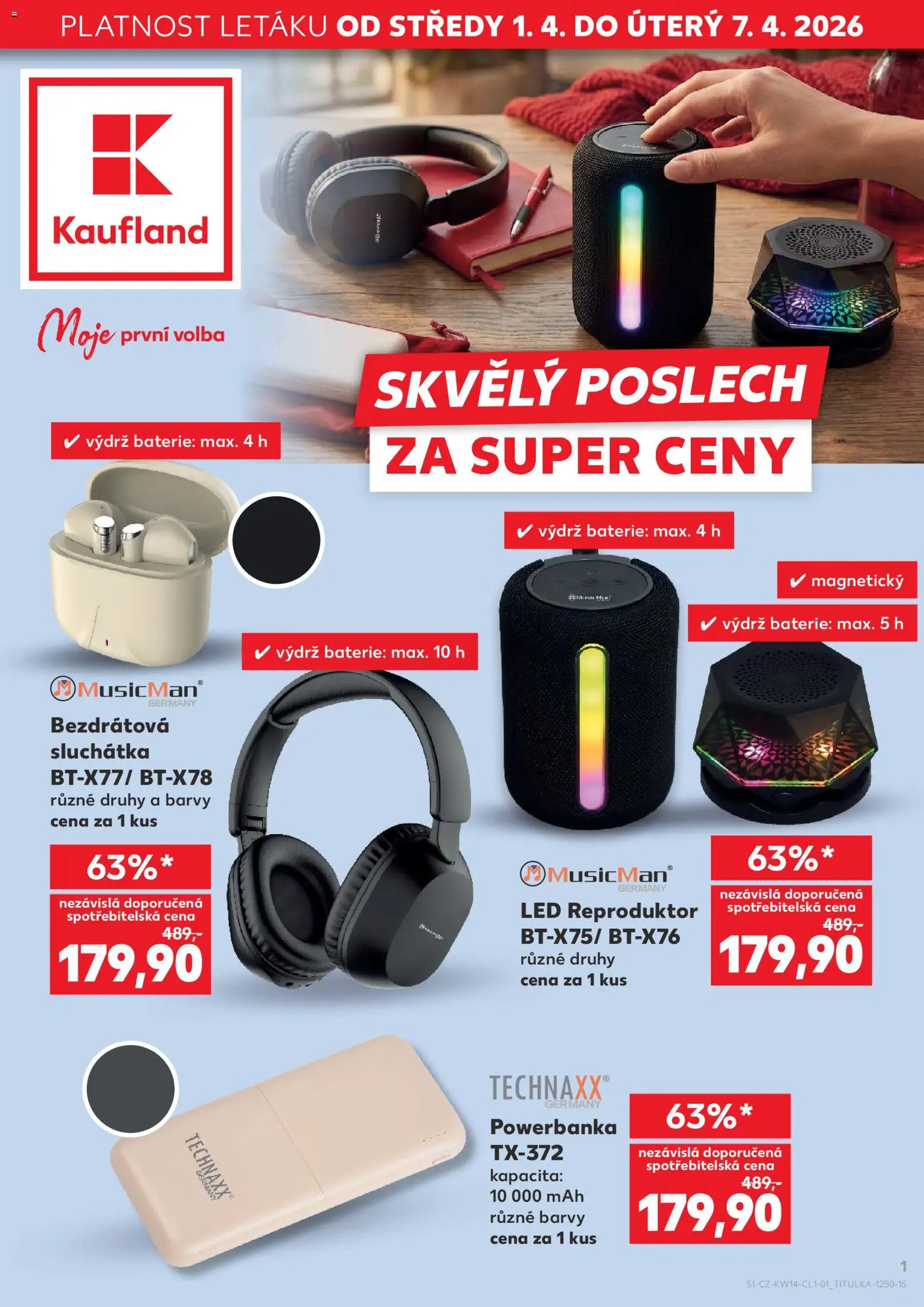 Kaufland leták - Plzeň Bory od 01.04.2026 | Strana: 1 | Produkty: Sluchátka, Baterie, Barvy, LED