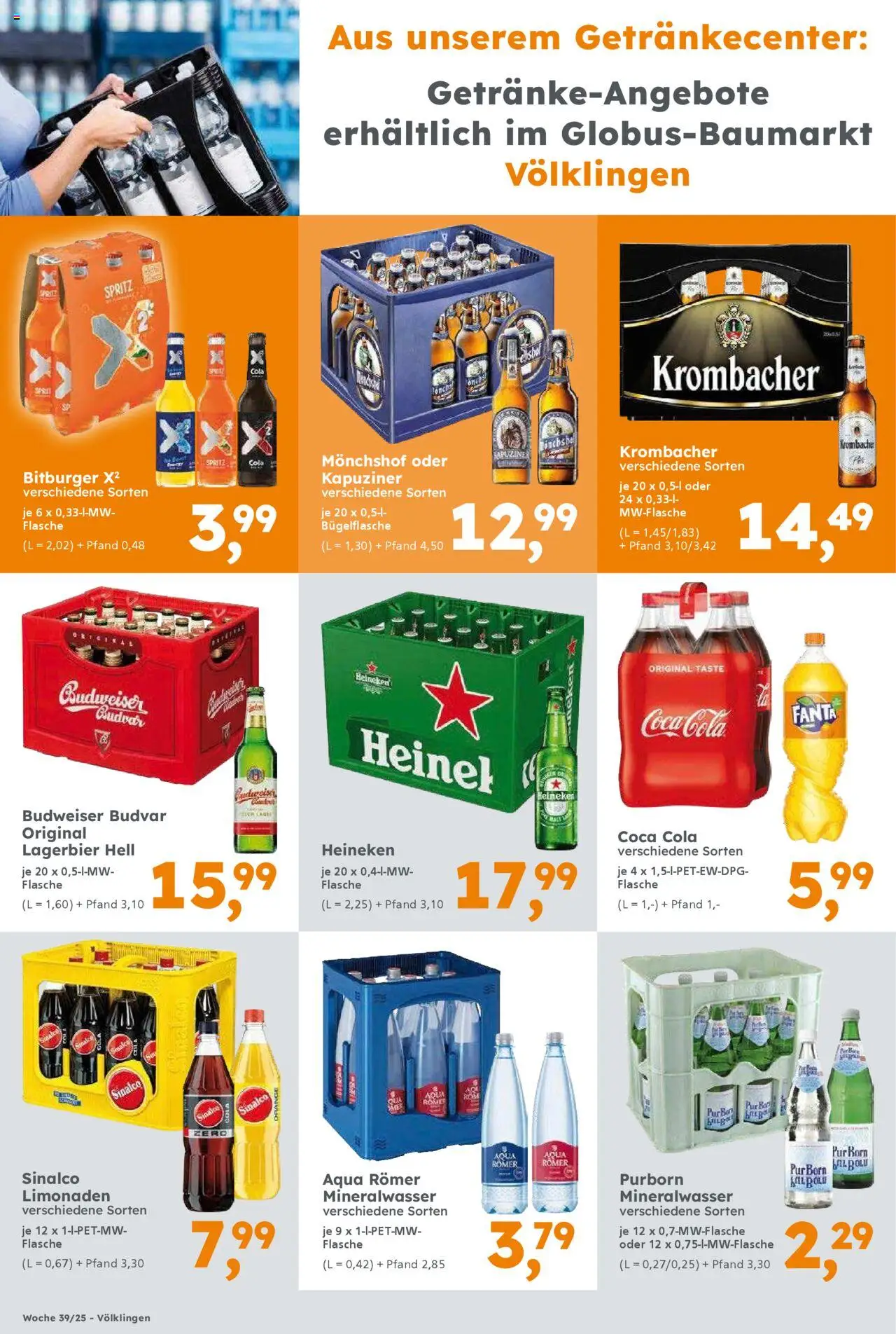 Globus Baumarkt prospekt Saarbrücken	 – gültig ab 22.09.2025 | Seite: 8 | Produkte: Bitburger, Monchshof, Coca cola, Mineralwasser