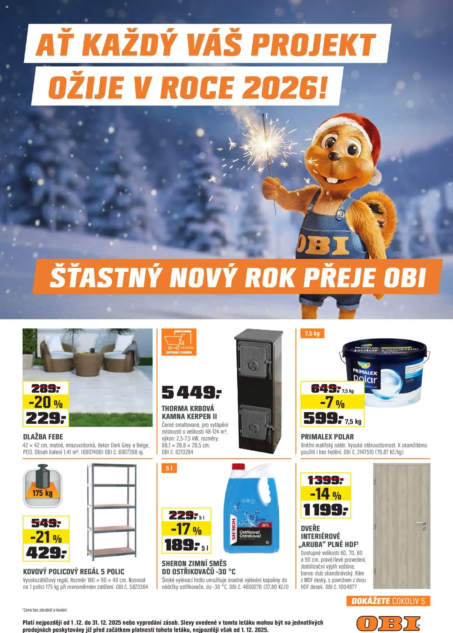 OBI leták - Králův Dvůr, Plzeň,Trmice  od 01.12.2025 | Strana: 1 | Produkty: Primalex Polar, Primalex, Dlažba, Regál