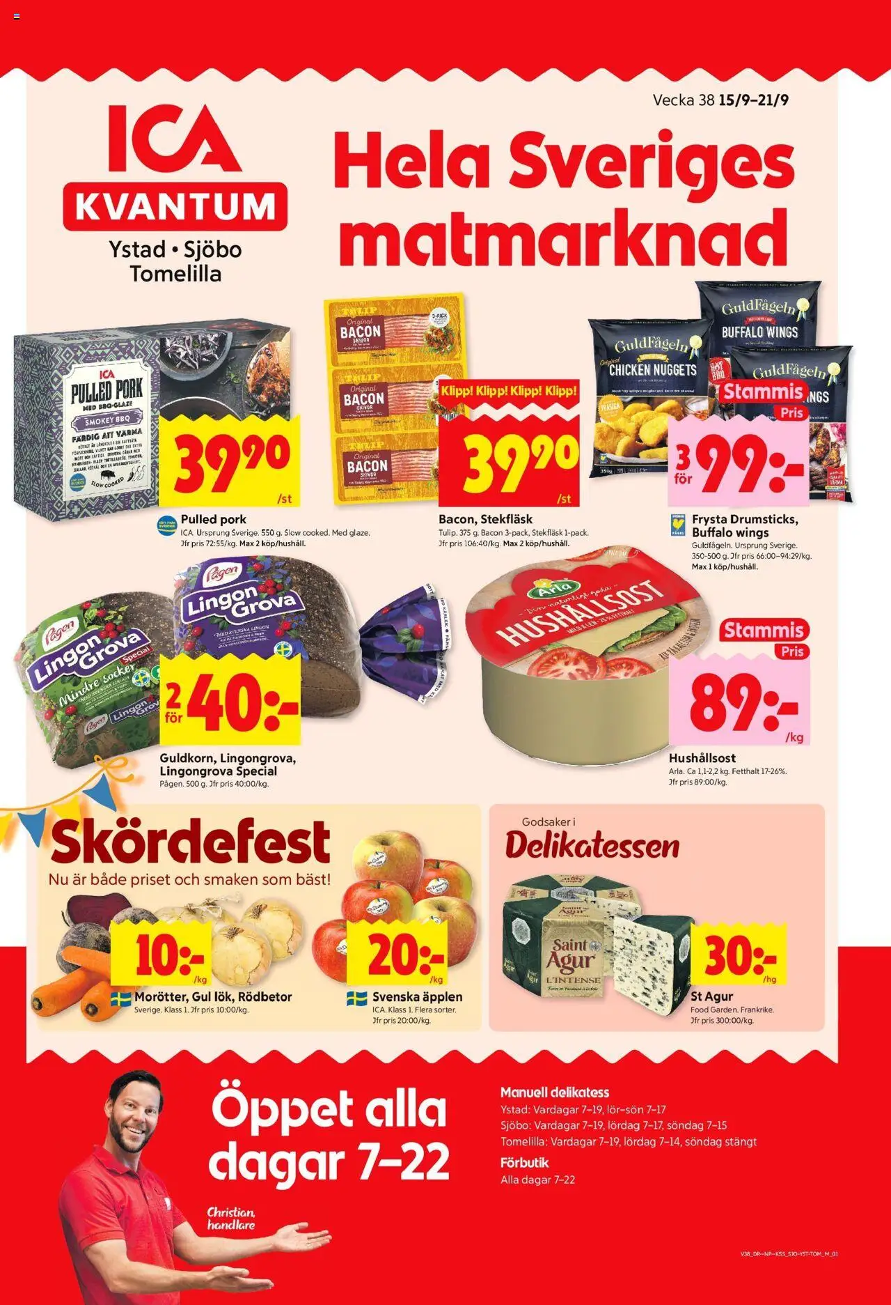 ICA Kvantum reklamblad aktuell från 15.09.2025 | Sida: 1 | Produkter: Bacon, Lingongrova, Hushållsost, Äpplen