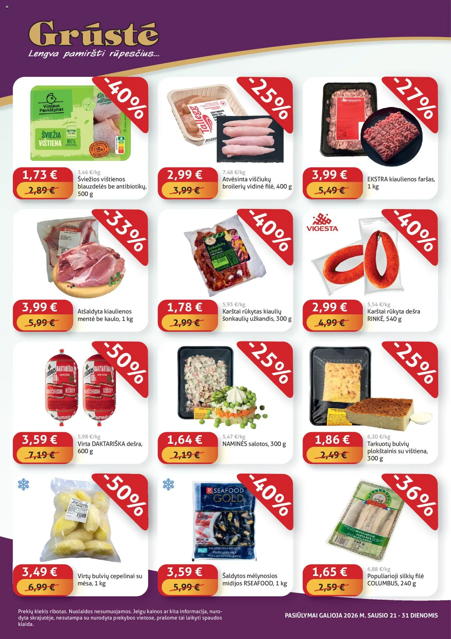GRUSTE akcijos nuo 21.01.2026 | Puslapis: 2 | Prekių: Kiaulienos, Plokštainis, Dešra, Vištiena