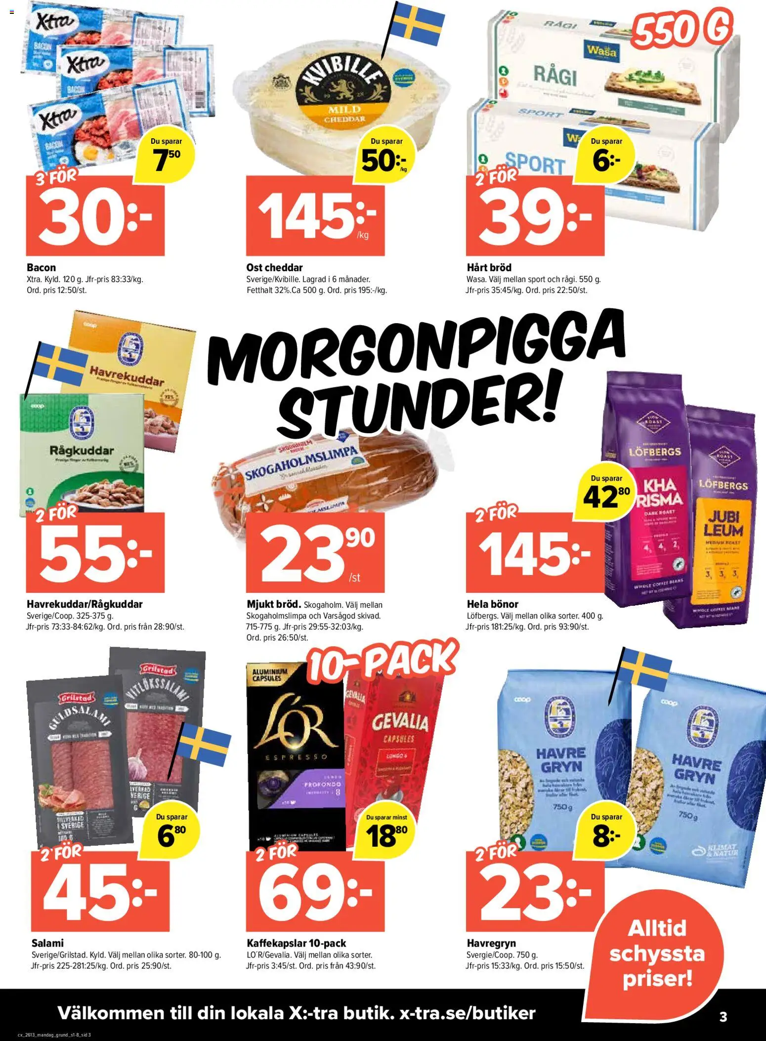 Coop X:-TRA reklamblad aktuell från 23.03.2026 | Sida: 3 | Produkter: Bacon, Kaffekapslar, Ost, Salami