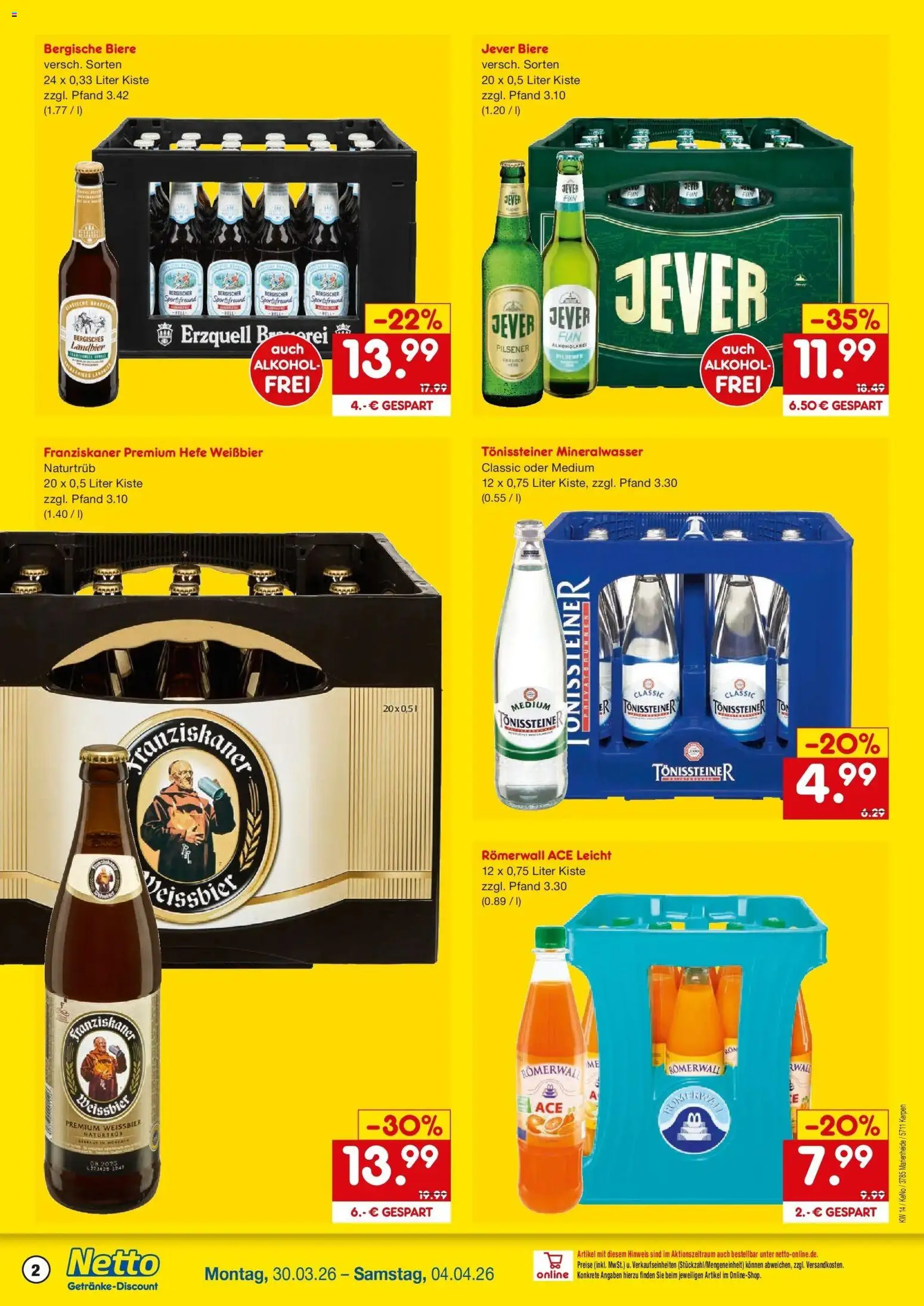Netto Marken-Discount Prospekt Marienheide	 – gültig ab 30.03.2026 | Seite: 2 | Produkte: Weißbier, Mineralwasser, Hefe weissbier, Jever