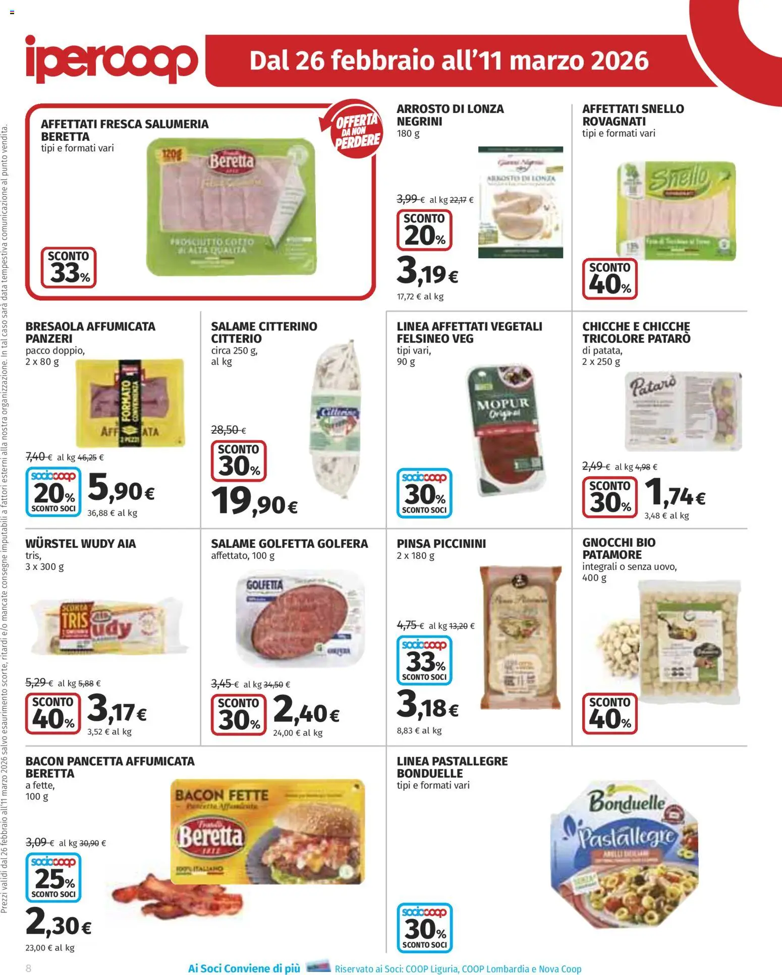 Volantino Ipercoop del 26.02.2026 | Pagina: 8 | Prodotti: Salame, Pancetta, Wurstel, Data